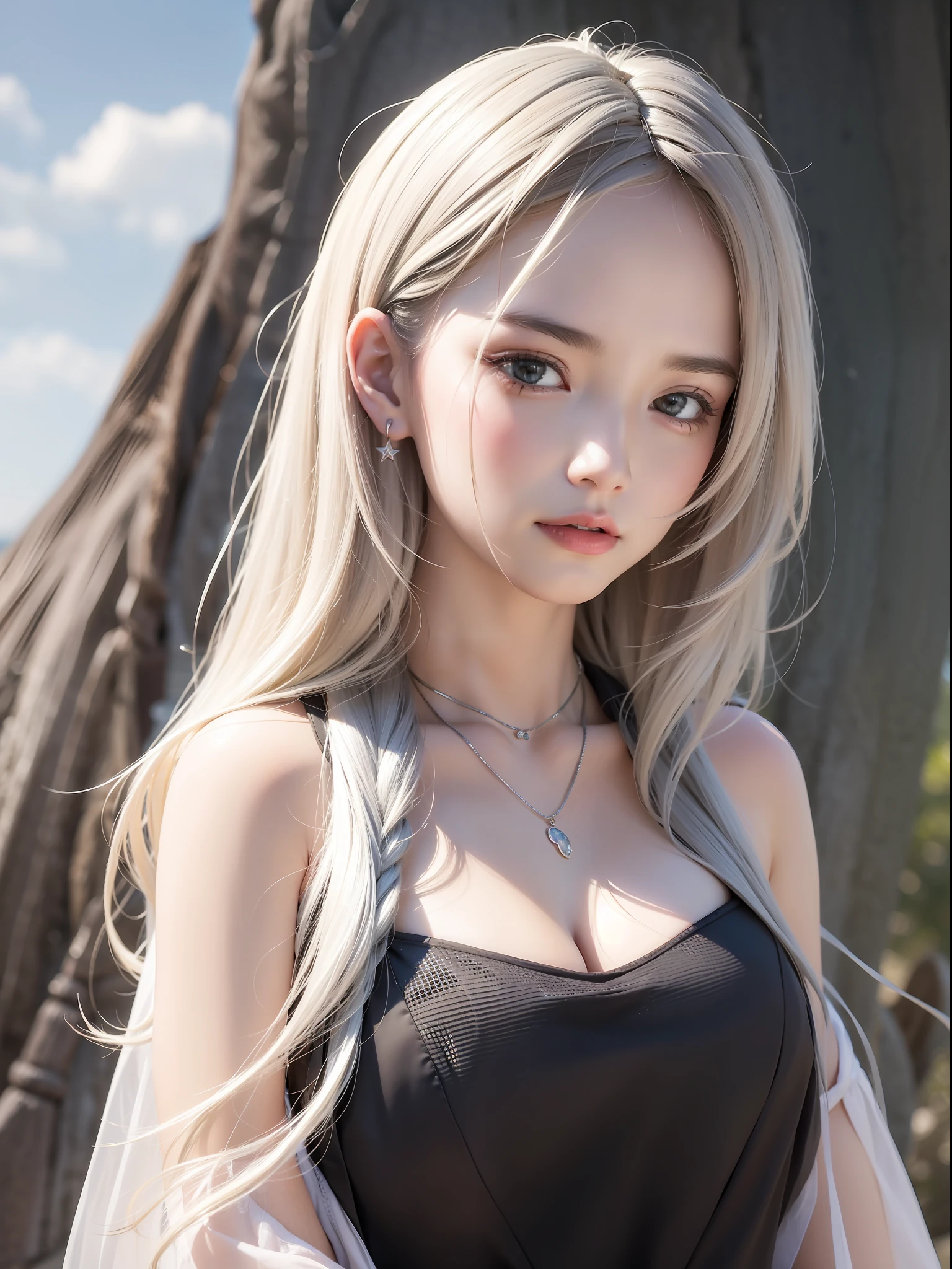 a beautiful female, three kind of styles, Cape hood, skirt, beautiful beach, white sands, sunlight on the female's face, gradient hair, black hair, silver hair, long hair, hair behind ear, eye reflection, panorama, ray tracing, reflection light, chiaroscuro, masterpiece, best quality, high quality, ccurate, anatomically correct, textured skin, high details, UHD, HD