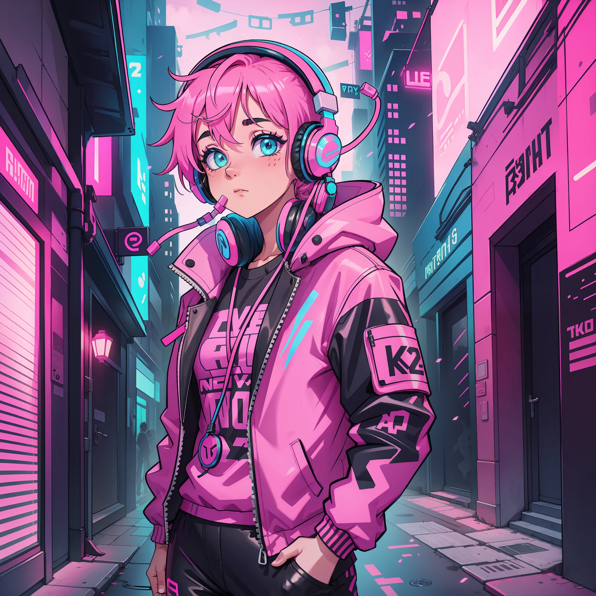 Neon Street Women Headphones 1 Person Pink Hair Rough