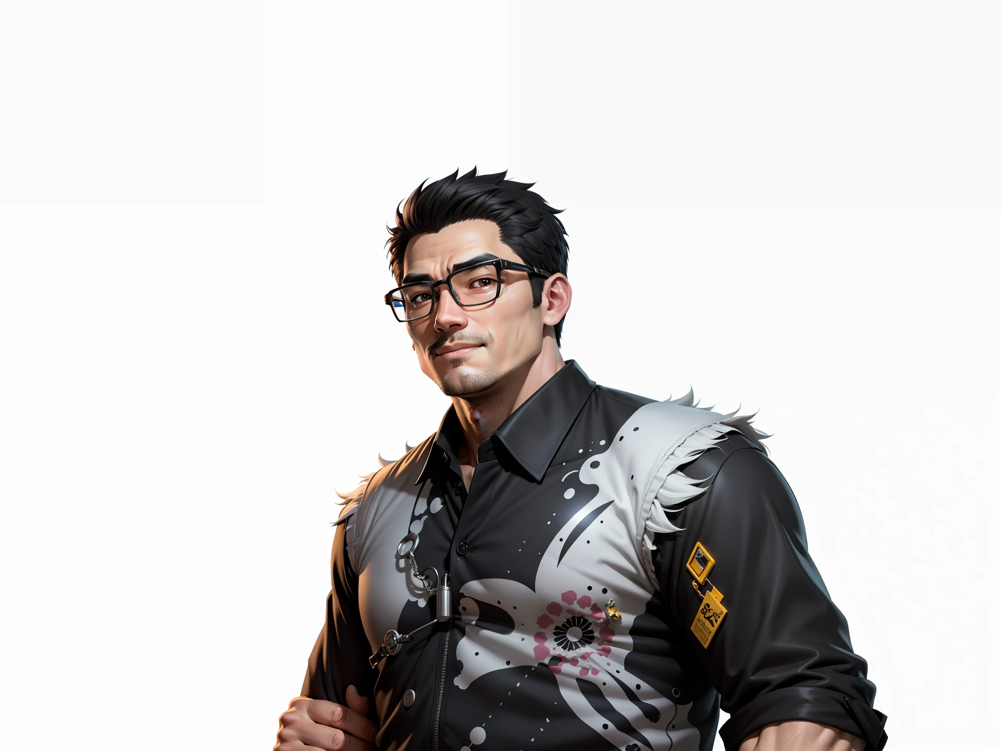 Super young, Japanese man, 35 years old, silver glasses, slightly chubby face, clean face, no beard on chin, black super short hair, black eyes, confident smile, polo cedar, digital painting, film, 3D character design by Mark Claireden and Pixar and Hayao Miyazaki, the illustration is HD illustration in 4K resolution with very detailed facial features and cartoon-style visuals.