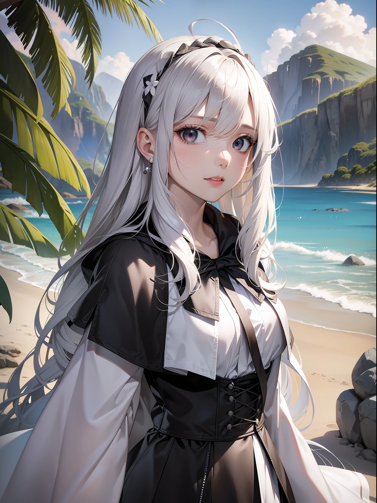 a beautiful female, three kind of styles, Cape hood, skirt, beautiful beach, white sands, sunlight on the female's face, gradient hair, black hair, silver hair, long hair, hair behind ear, eye reflection, panorama, ray tracing, reflection light, chiaroscuro, masterpiece, best quality, high quality, ccurate, anatomically correct, textured skin, high details, UHD, HD