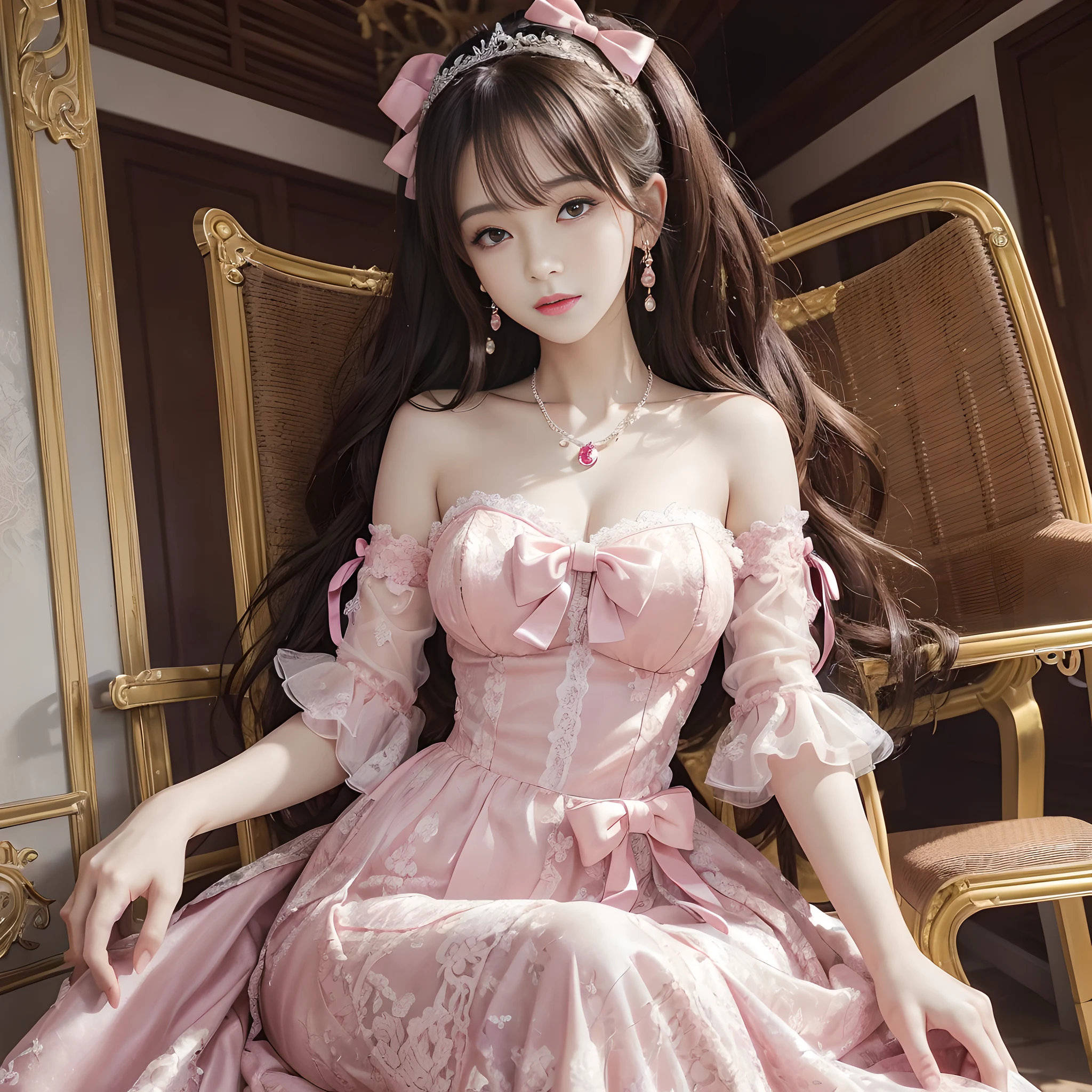 ((Realistic lighting, top quality, 8K, Masterpiece: 1.3)), Clear Focus: 1.2, 1Woman, Perfect Beauty: 1.4, Yushuxin, 1Girl, Dress, Solo, Brunette, Jewelry, Long Hair, Earrings, Bow, Pink Dress, Wood, Nature, Outdoor, Bare Shoulder, Airless Gainsboro, Long Dress, Hair Bow, Forest, Pink Bow,Strapless, Standing, Necklace, Head Tilt, Chapped Lips, Wavy Hair, Strapless Dress,Lace Sleeves, Setin dress,Close-up of woman in pink dress posing for photo,beautiful maiden,beautiful korean woman, beautiful princess, cute elegant pose, bell delphine, wearing pink dress, beautiful fantasy maiden, anime princess, beautiful seductive anime woman,beautiful asian girl, attractive anime girl, elegant glamorous cosplay,(in front of a chair in the entrance hall of a mansion:1.8),(beautiful orb-articulated doll:1.3),luxurious princess dress,