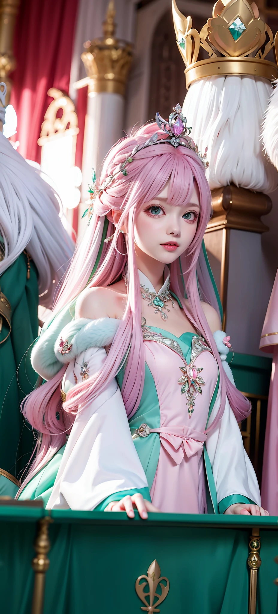 Long pink hair, green eyes, princess, silver crown, pink-purple robe, white long dress,