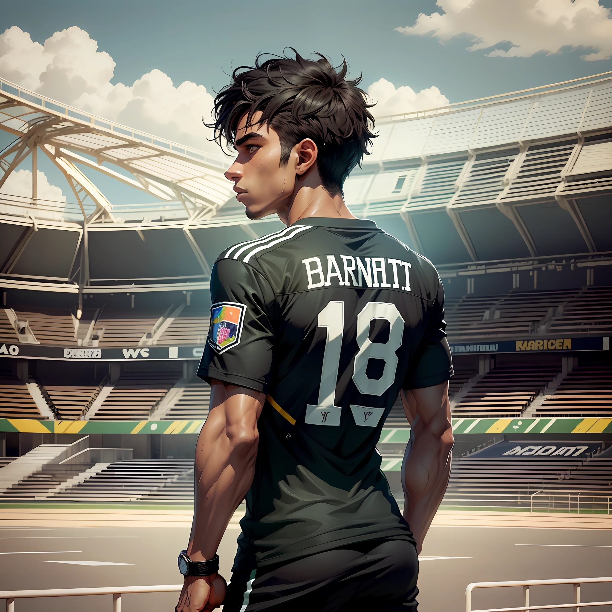 Soccer soccer player, Brazilian man, player is not looking at the camera, brown skin, the player has to be with his back to the picture, all black uniform, football stadium background, thin player, straight hair, very short hair, ComplexLA style, nvinkpunk, marioalberti art style, ghibli style --auto --s2