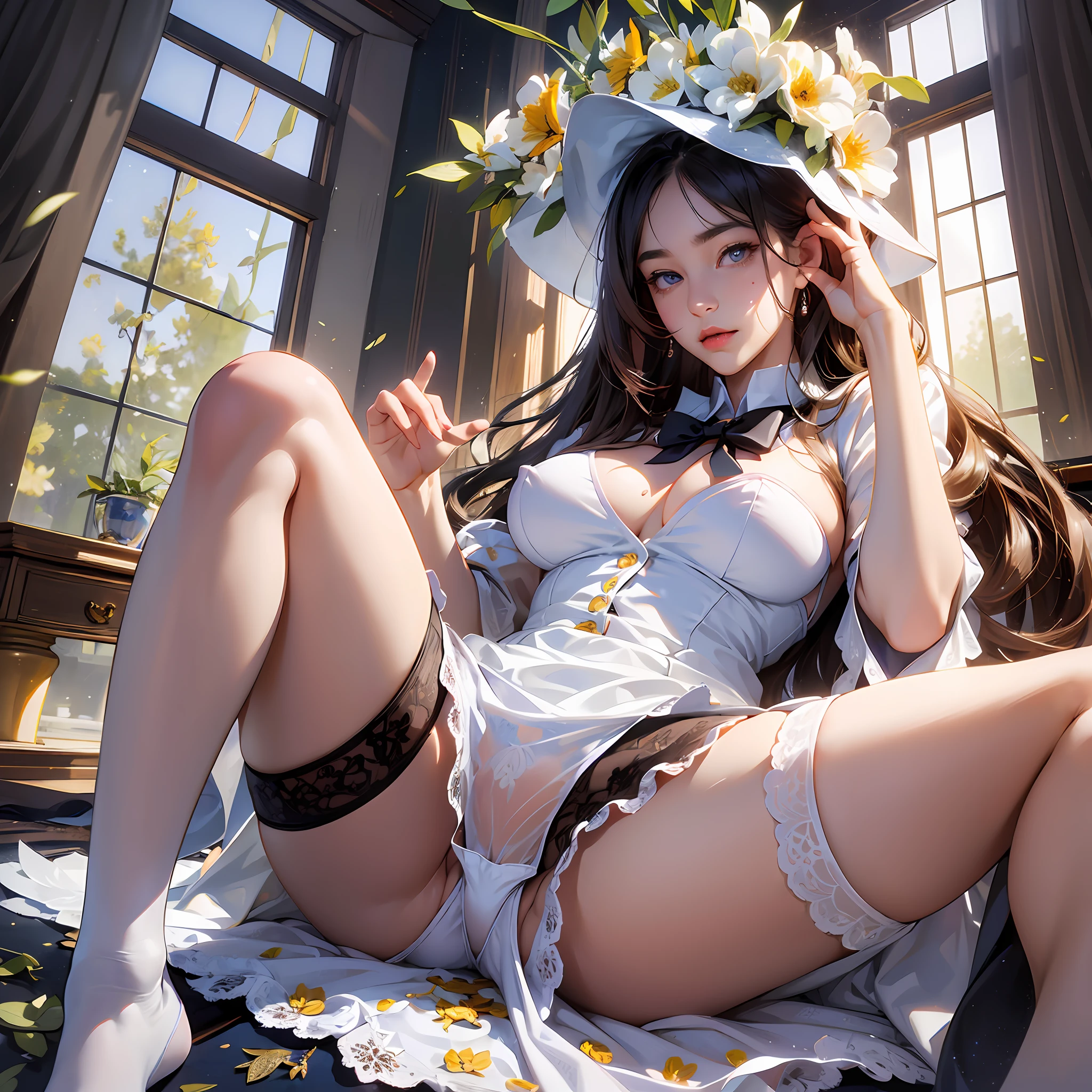 (hyperrealistic), (illustration), (high resolution), (8K), (extremely detailed), (best illustration), (beautiful detailed eyes), (best quality), (ultra-detailed), (masterpiece), (wallpaper), (detailed face), solo, (dynamic pose), 1 girl, in school, white wavy hair, korean, heterochromic eyes, small moles under the eyes, , big breasts, long legs, (camel toes), (white stockings), (transparent panties), legs stained with white liquid, open legs, bunny girltempt --auto --s2