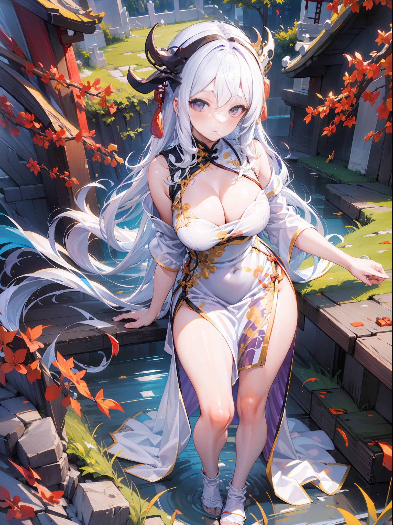 【(white background:1.5)::5】, (mid shot:0.95), (full body:1.25), Dynamic angle, 【Bottle bottom】,(fisheye:1.4), (falt color:1.3),colorful,(masterpiece:1,2), best quality,extremely detailed cg 8k wallpaper,best quality, masterpiece, highres, original, extremely detailed wallpaper, (solo:1.5),Detailed and baeutiful face,
1girl,solo,white hair,purple eyes, bare shoulders,big breasts,looking at viewer, (china dress:1.5),cleavage, (standing:1.3),outdoors,