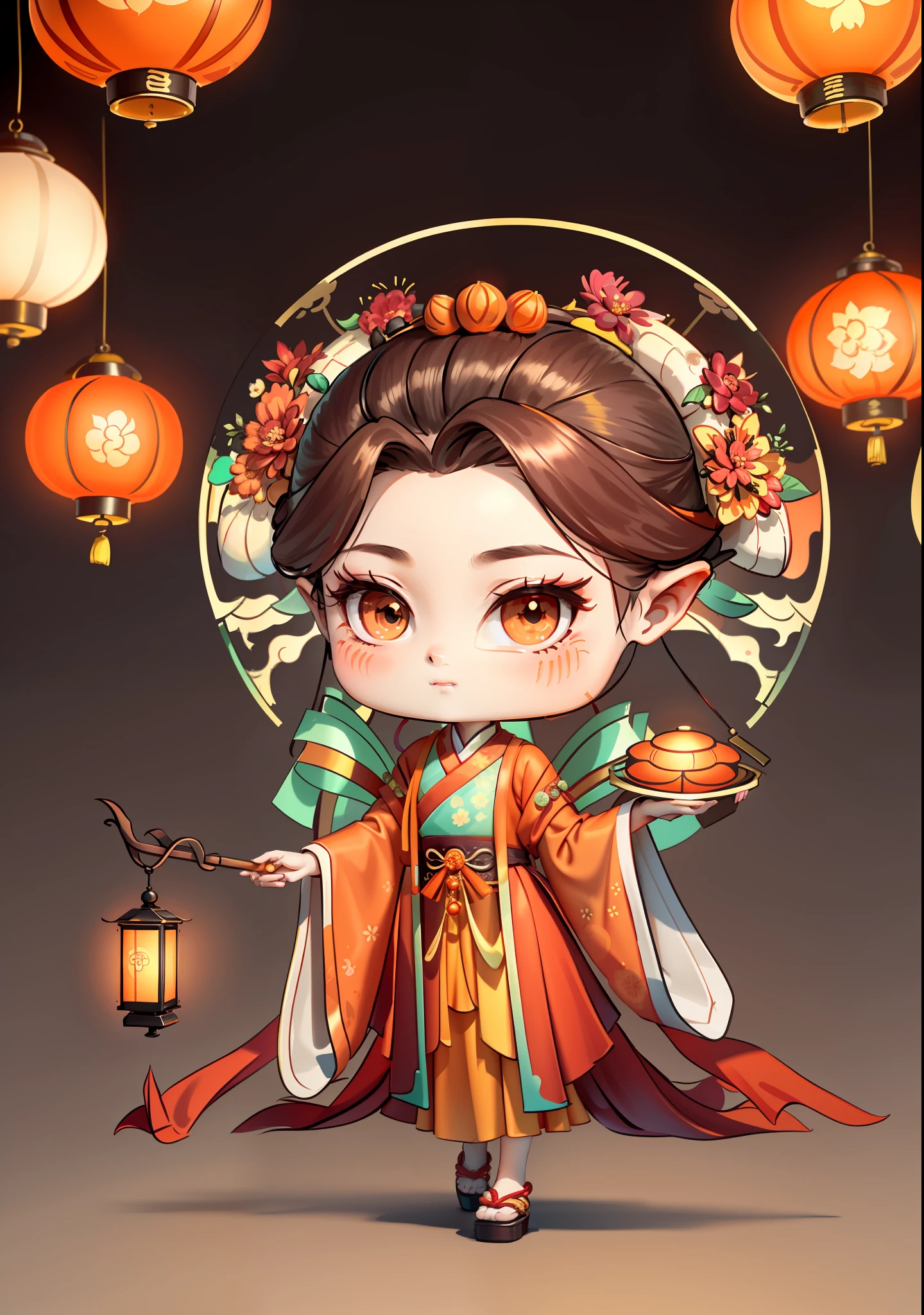 A Chinese girl in Hanfu, holding a lantern in one hand, dragging mooncakes with the other, autumn, Mid-Autumn Festival, mooncakes, dark brown hair, ancient Chinese hair bun, pattern, orange-red skirt, cyan-orange color matching, golden osmanthus flowers on both sides of the hair, some metallic flower headdresses, bright color blocks, bright colors, line art, infinite details, fine painting, exquisite portrayal, blank background 8k,