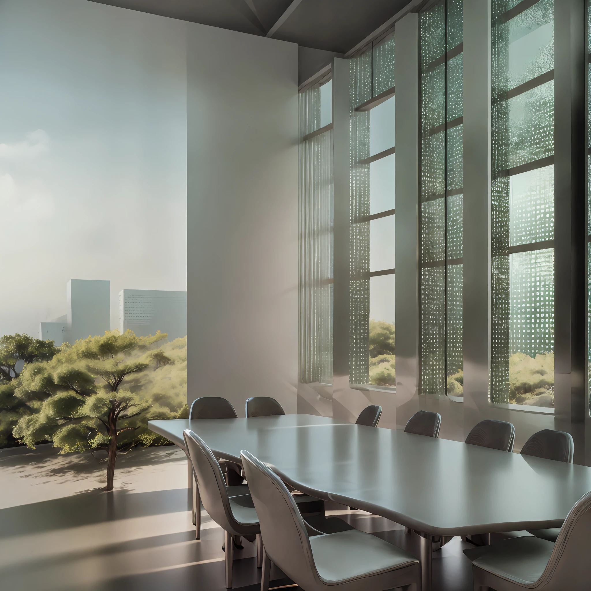 President's office, bright, green, clean, real, lighting, brightness, white tones, tall buildings, background, floor-to-ceiling windows, natural light, highlights, shadow brightening