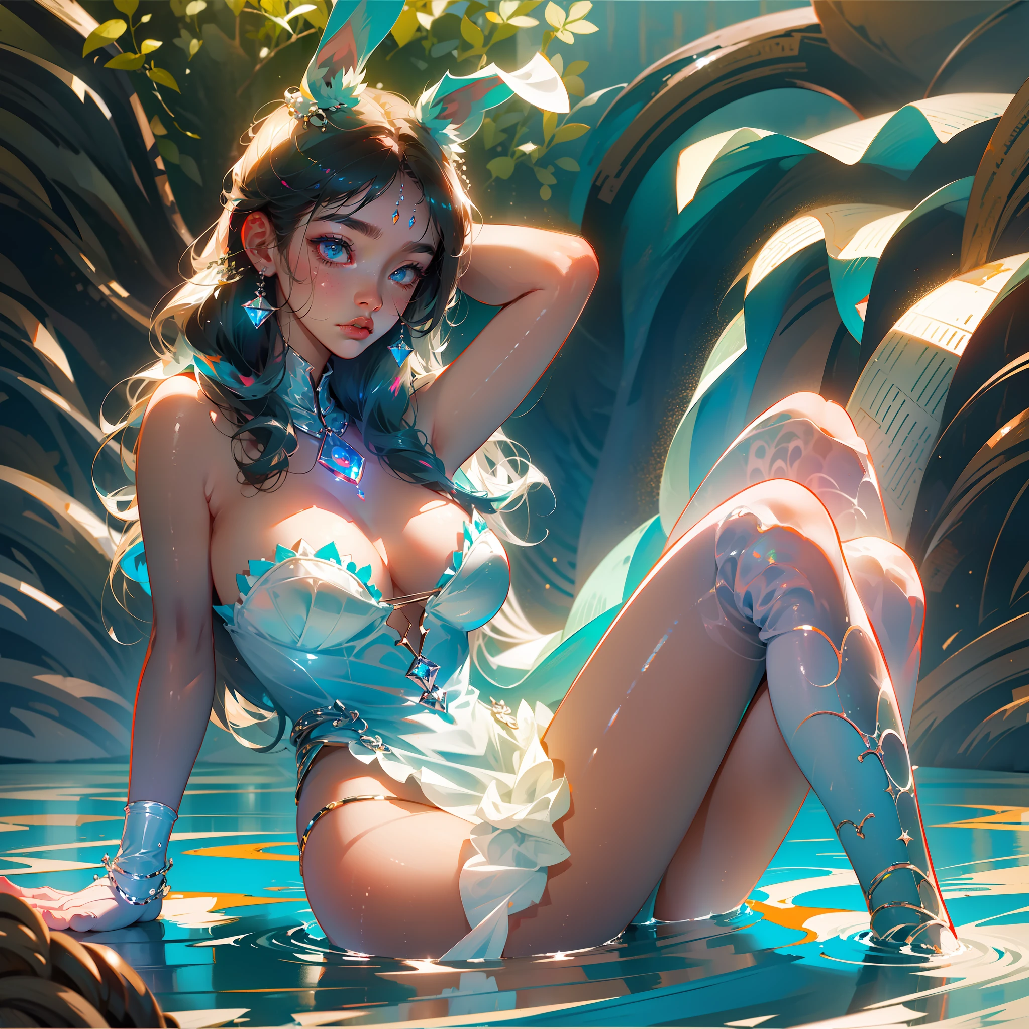 (hyperrealistic), (illustration), (high resolution), (8K), (extremely detailed), (best illustration), (beautiful detailed eyes), (best quality), (ultra-detailed), (masterpiece), (wallpaper), (detailed face), solo, (dynamic pose), 1 girl, in the water, white wavy hair, korean, heterochromic eyes, small moles under the eyes, , big breasts, long legs, (camel toes), (white stockings), (no panties), legs stained with white liquid, open legs, bunny girl, tempt --auto --s2