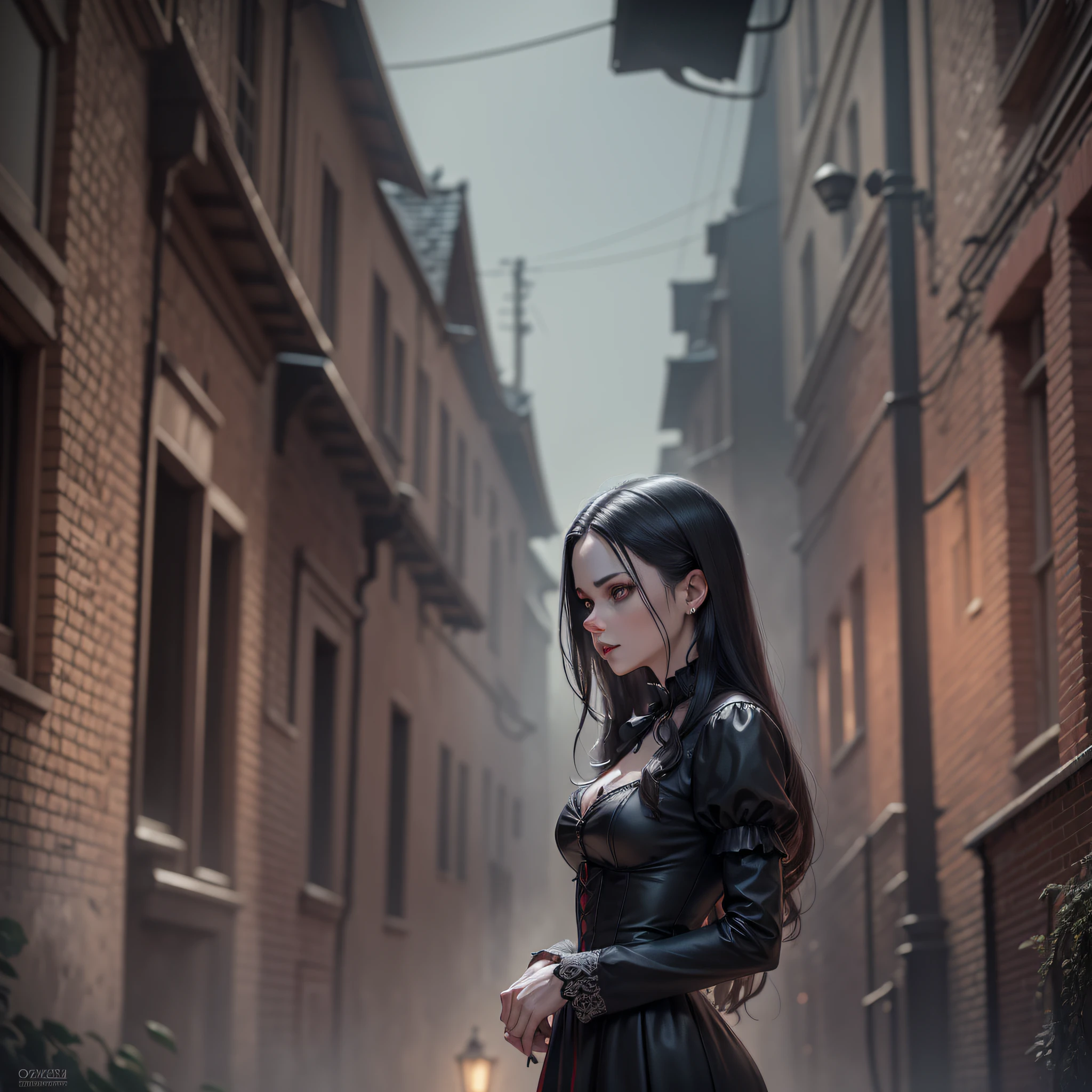Man and woman, vampire prepares to bite the victim, the victim is in a trance, vampire with oresas on display, beautiful image, dark, dark alley, dim lighting, focus on the neck, dry tree in the background, black brick wall in the background, fog, bats, high definition, realism, ultrarealism, very well rendered, top image --auto --s2