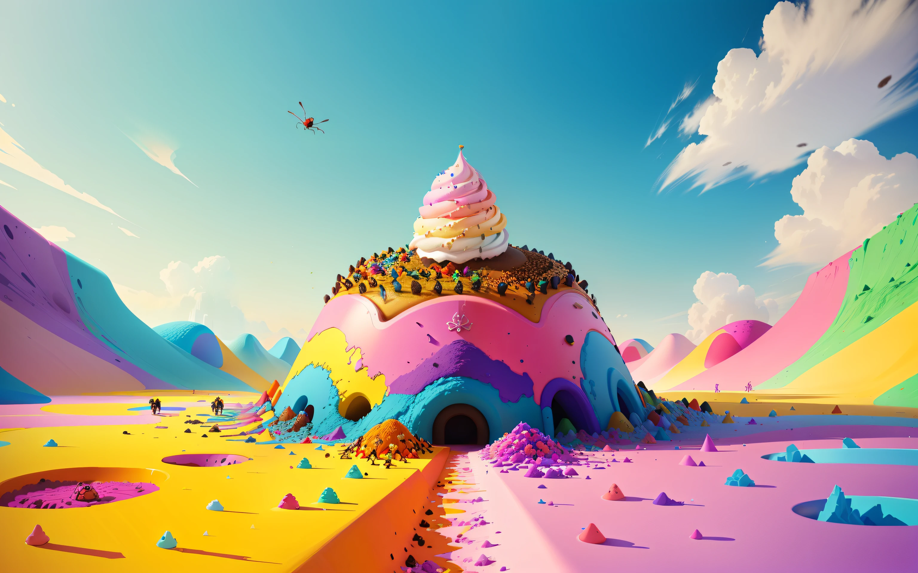Anthill in a world of colorful ice cream with an entrance ants running inside