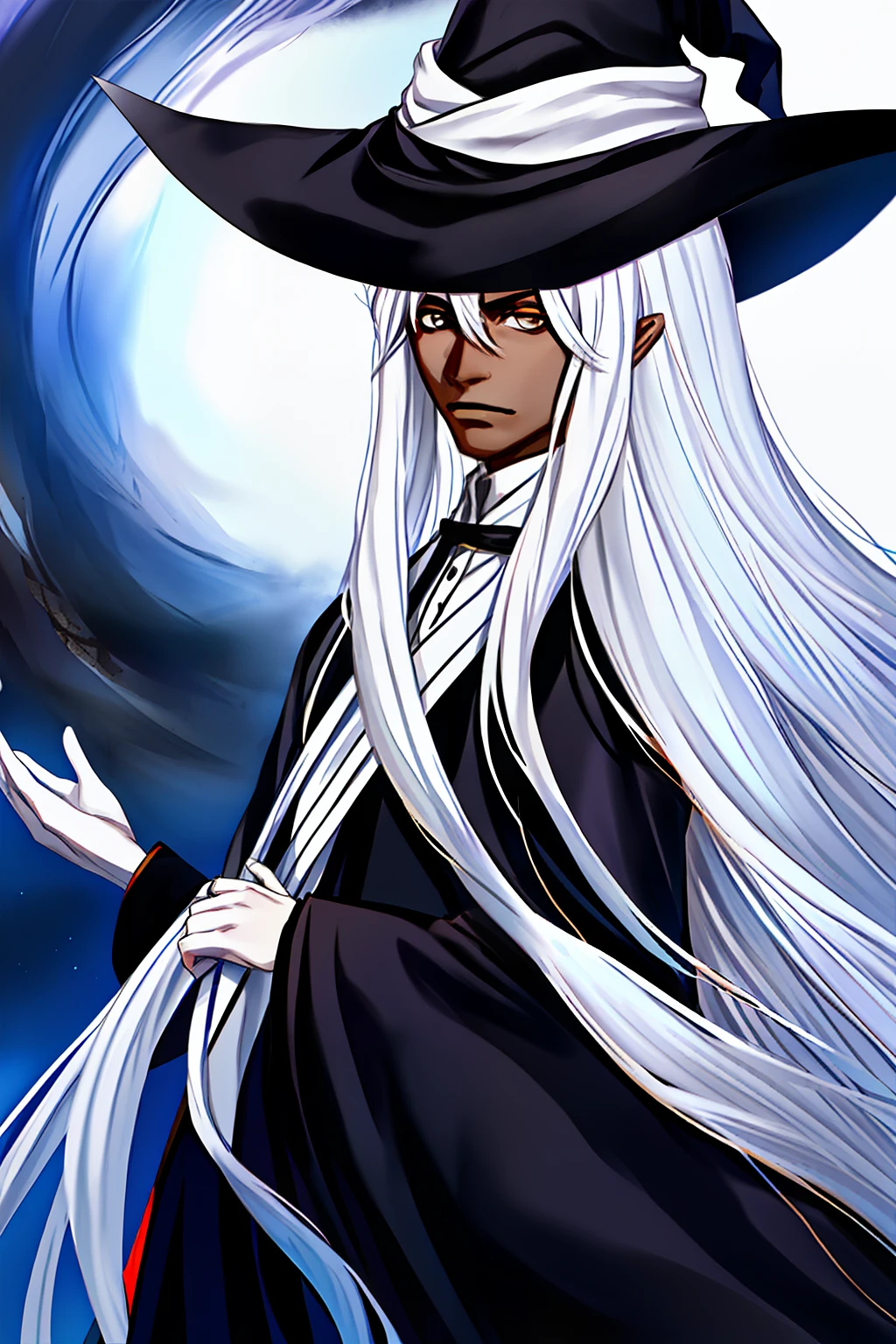 young witch man with black skin and long white hair realista