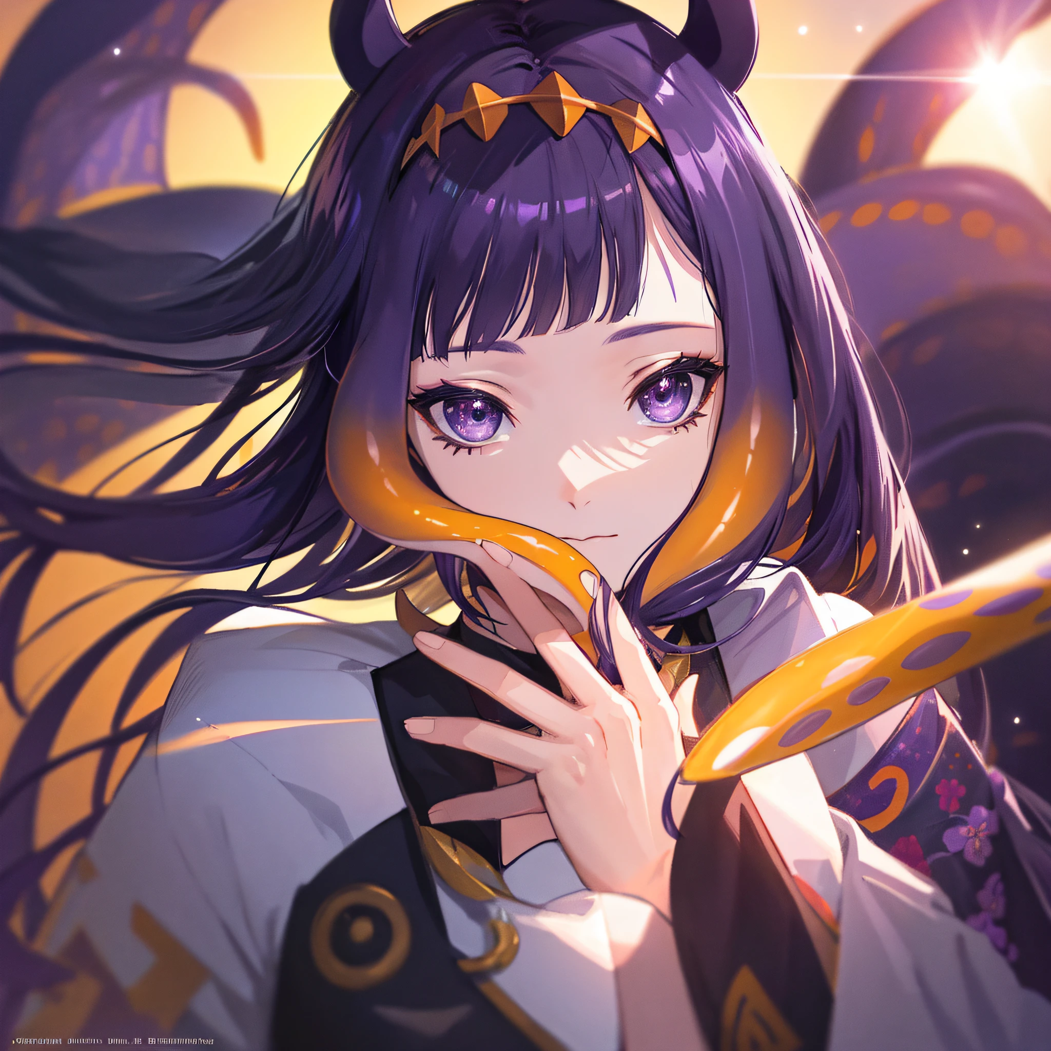 (人物: Ninomae Ina'Nis), {purple hair}, tentacle hair, purple eyes, {{masterpiece}}, best quality, extremely detailed CG unity 8k wallpaper, cinematic lighting, lens flare, beautiful detail eyes, side glance, colorful light, particles, (colorful:1.5),