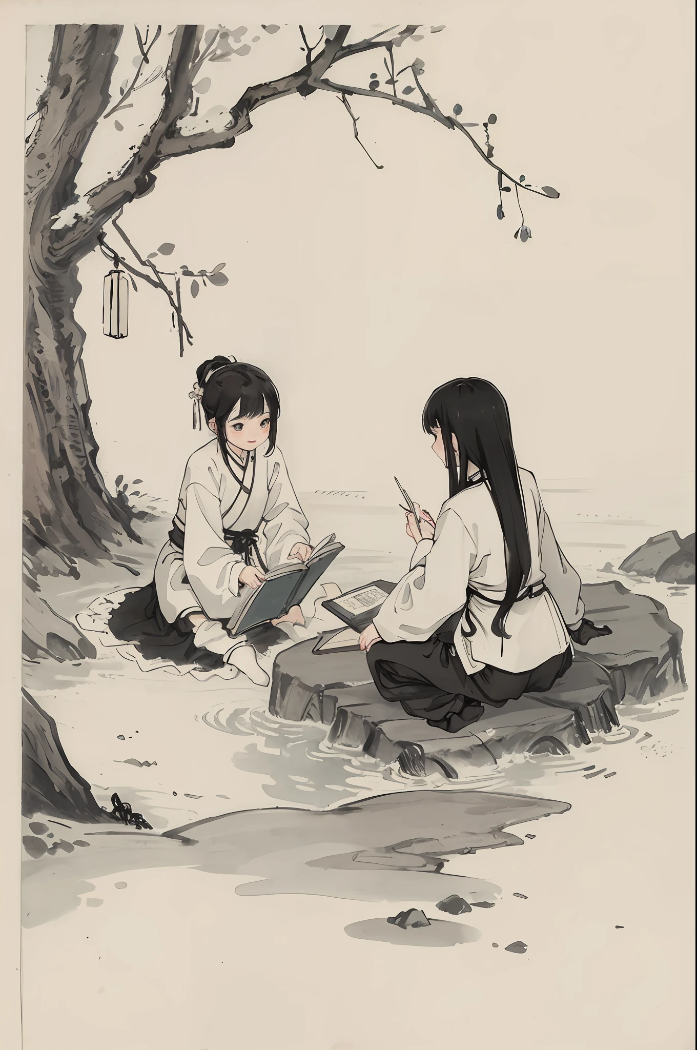 (masterpiece, best quality: 1.2), traditional Chinese ink painting, two  reading a book near the lake, one is a boy, one is a girl with long black hair, aesthetic