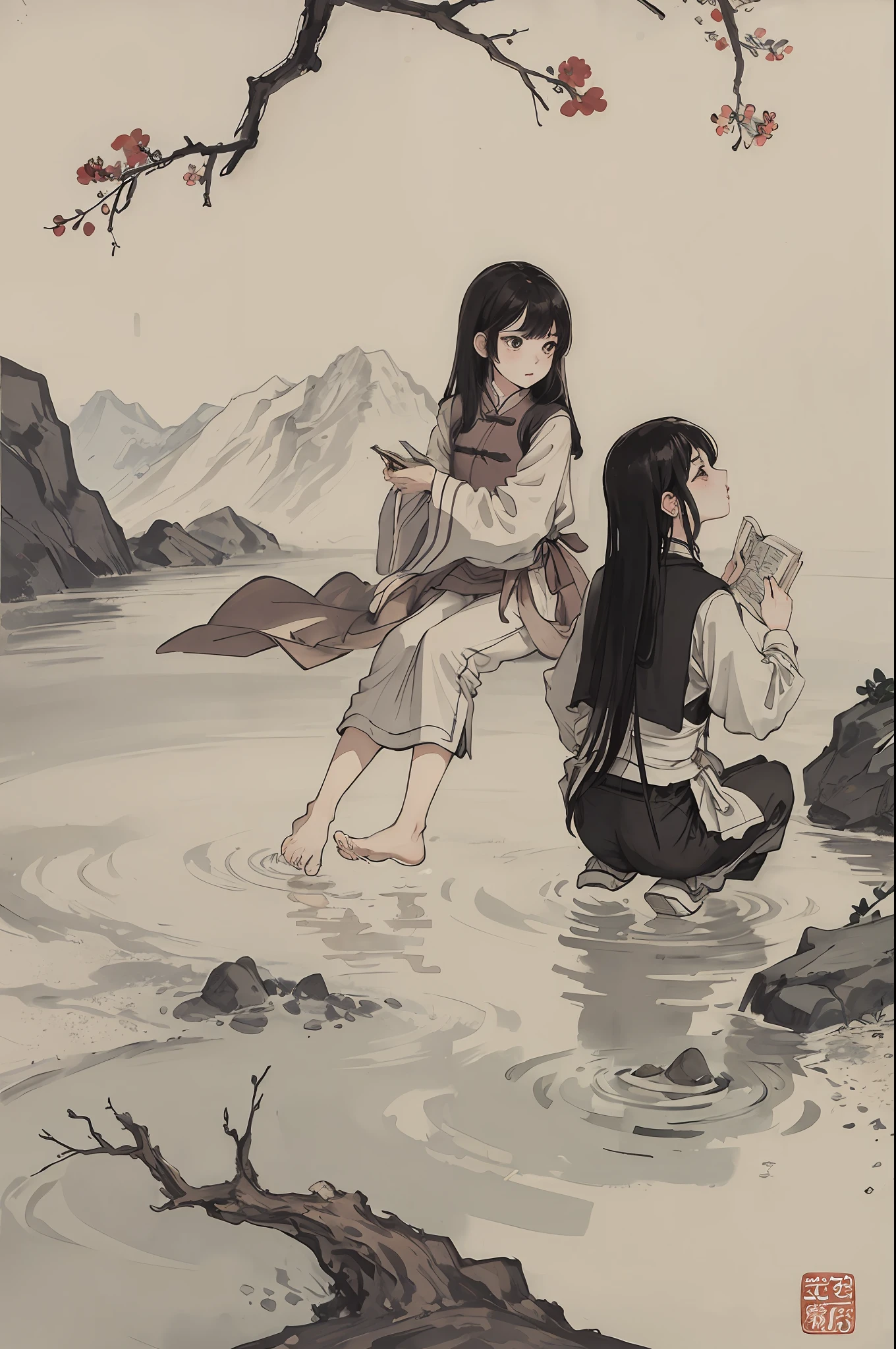 (masterpiece, best quality: 1.2), traditional Chinese ink painting, two children reading a book near the lake, one is a boy, one is a girl with long black hair, aesthetic