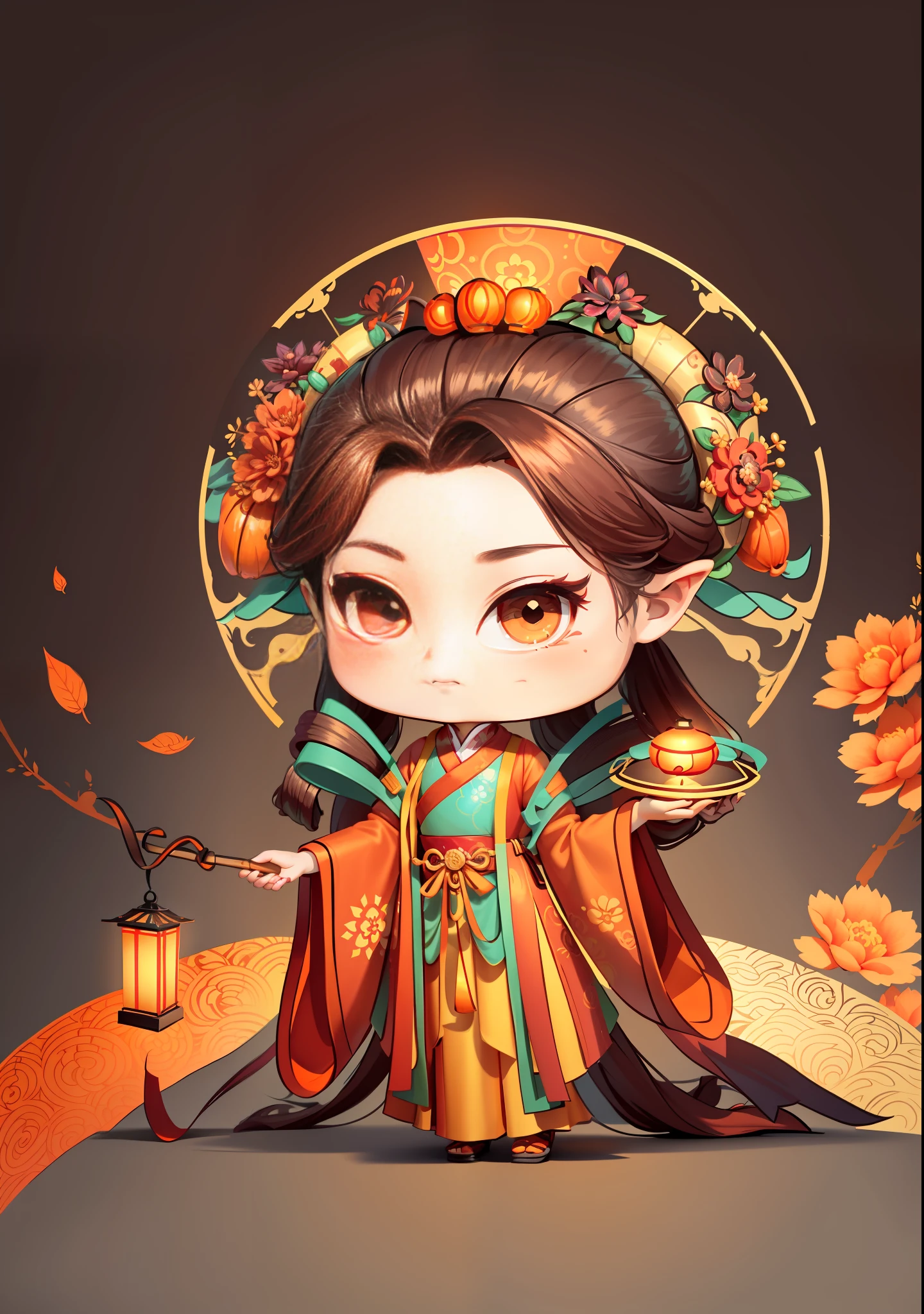 A Chinese girl in Hanfu, holding a lantern in one hand, dragging mooncakes with the other, autumn, Mid-Autumn Festival, mooncakes, dark brown hair, ancient Chinese hair bun, pattern, orange-red skirt, cyan-orange color matching, golden osmanthus flowers on both sides of the hair, some metallic flower headdresses, bright color blocks, bright colors, line art, infinite details, fine painting, exquisite portrayal, blank background 8k,