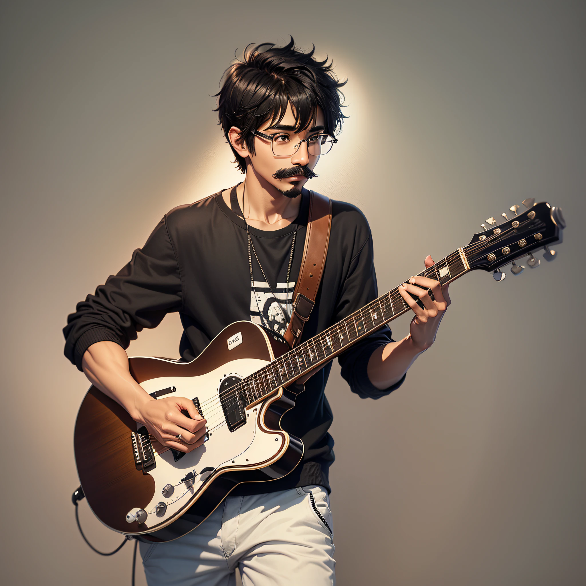 a young man, thin, brown skin, eyeglasses, black hair with white locks, short hair, mustache, playing guitar --auto --s2