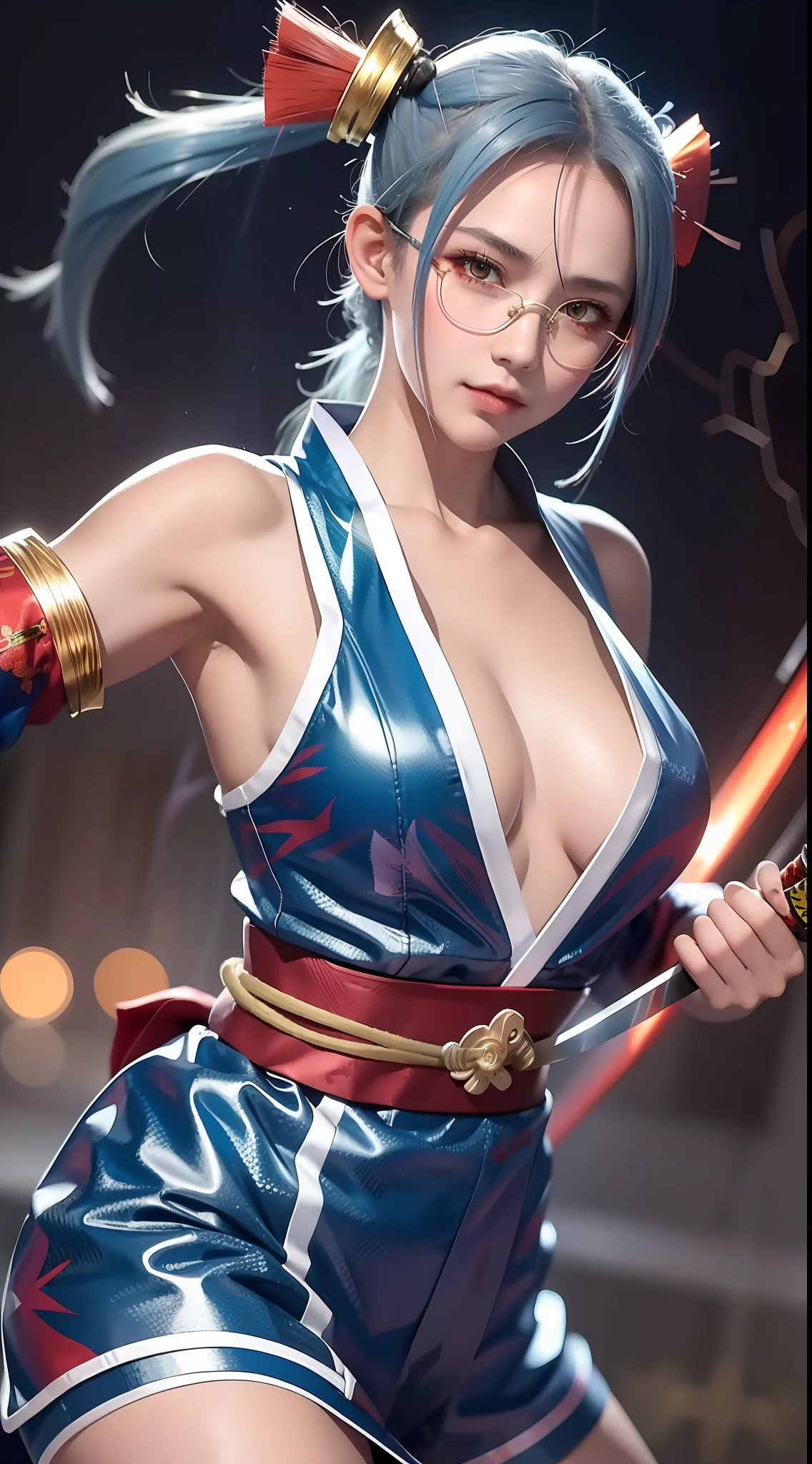 1 girl, twin-tailed, short twin-tailed, blue-haired, orange eyes, golden eyes, red clothes. Hair ornament, medium chest, close plan, beautiful legs, (fighting stance), tense face, malice, (katana), (shining blade), ((sword in hand)), (shining sword), ready to fight, kimono, ((thunderstorm in the background)), clouds with flashes of lightning, bright lightning, realistic, top quality, masterpiece, high resolution, (chromatic aberration), glasses.