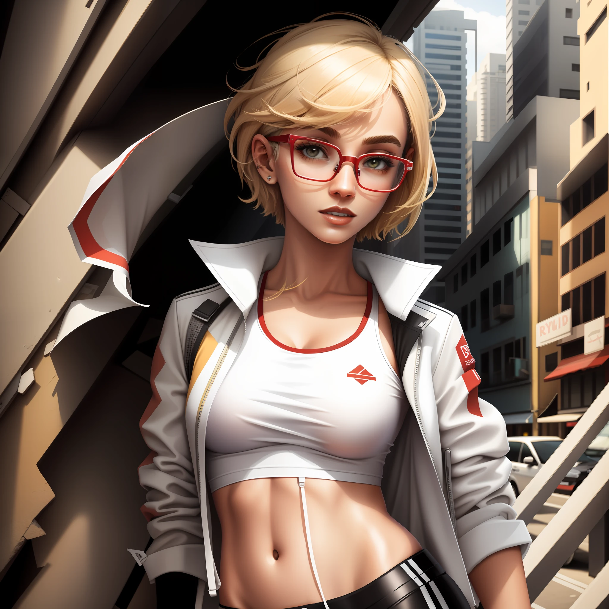 Young blonde girl with red glasses and white top Standing in the middle of the city, she has short hair with a bangs on the right side, brown eyes, black legging pants, white jacket with red details, athletic physique, belly to sample, cracked tank, young, beautiful, small breasts, smart and confident, shadows, 8k, background is the city of Rio de Janeiro