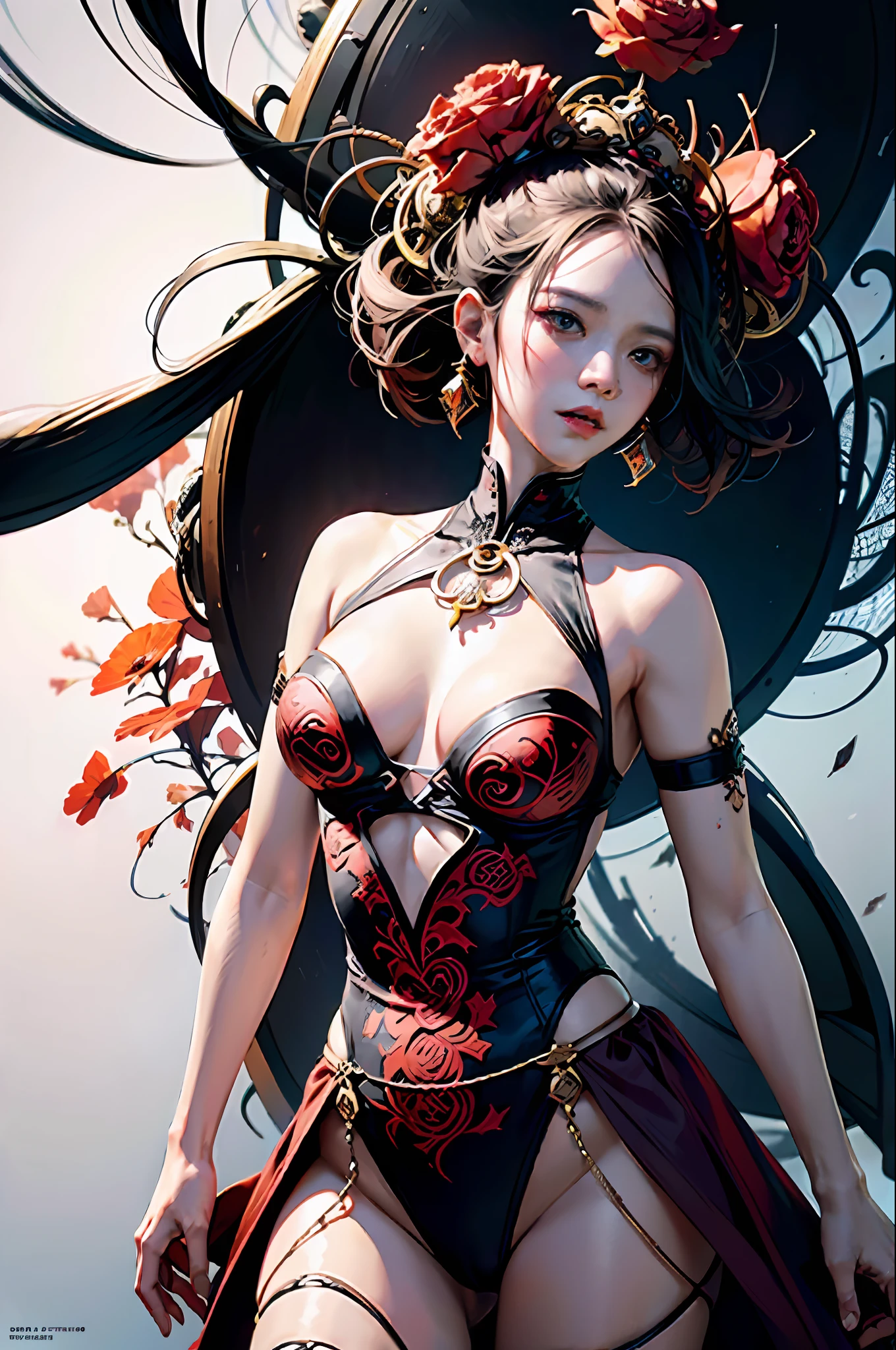 official art, unity 8k wallpaper, ultra detailed, beautiful and aesthetic, masterpiece, best quality, (zentangle, mandala, tangle, entangle), (fractal art:1.3) , 1girl, red flowers, extremely detailed, dynamic angle, cowboyshot, the most beautiful form of chaos, elegant, a brutalist designed, vivid colours, romanticism, by james jean, roby dwi antono, ross tran, francis bacon, michal mraz, adrian ghenie, petra cortright, gerhard richter, takato yamamoto, ashley wood, atmospheric