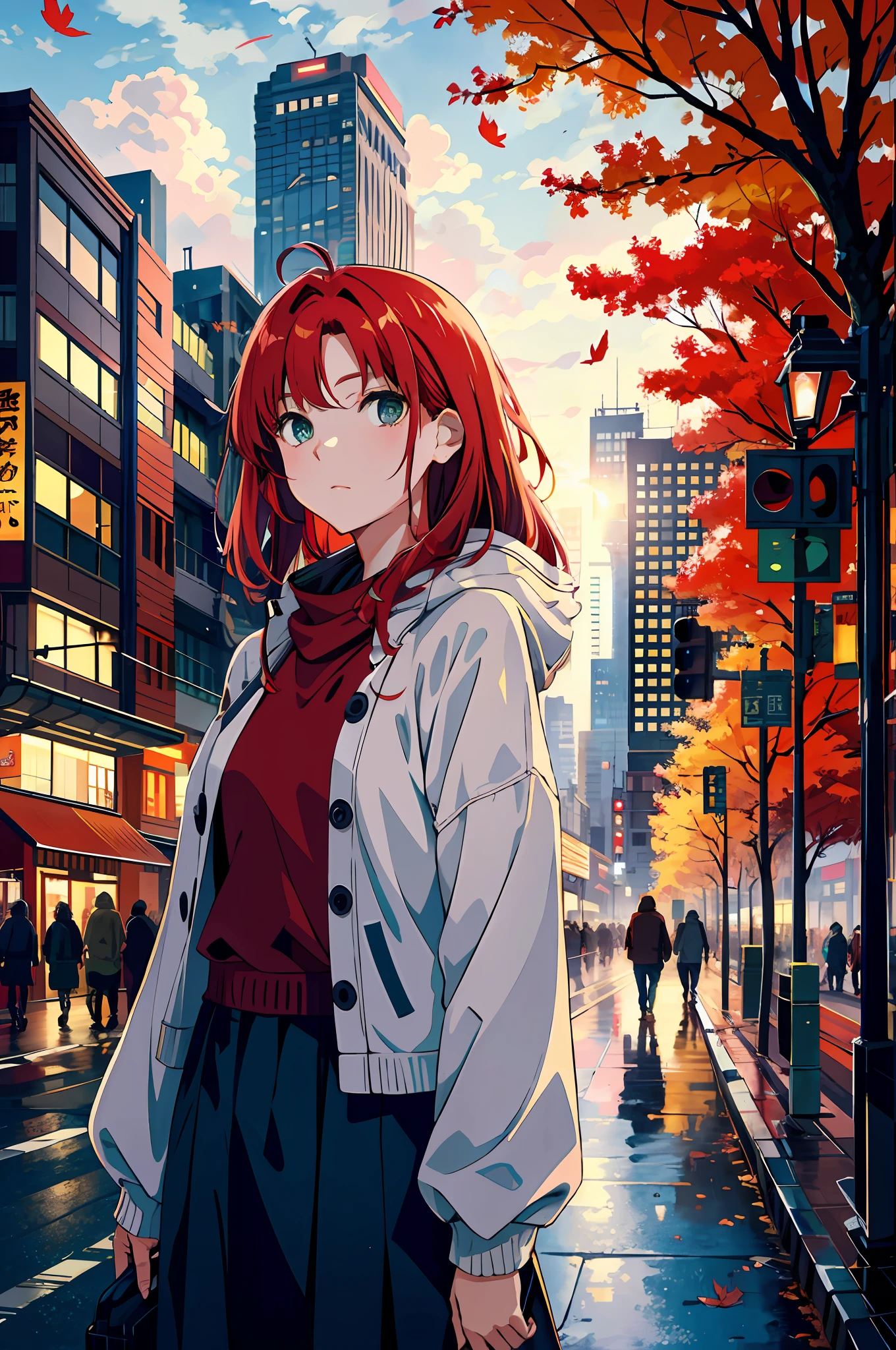 Japan, High Resolution, Top Quality, Illustration,, Soft Lighting, Best Quality, Foggy Glow, Dreamy Atmosphere, Ultra Detail, Masterpiece, Medium Chest, (Colored), Outdoors, Evening, Clouds, Skyscrapers in the background, Industry, Public transport, Urban, Building concrete, concrete, sidewalk, busy, tree, autumn, falling, leaves,