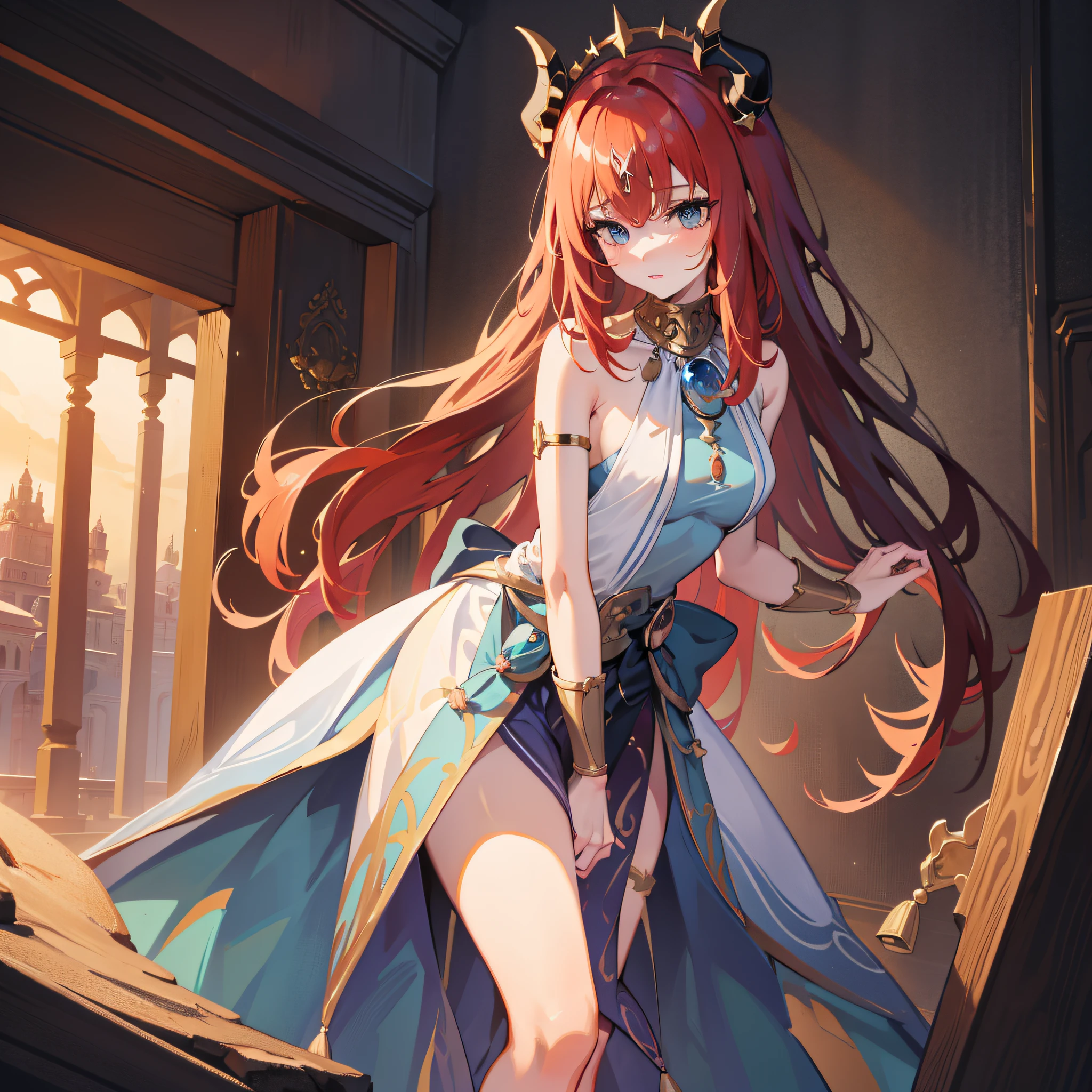 (masterpiece), best quality, high resolution, extremely detailed, sexy, stunningly portrayed nilou from Genshin Impact with long flowing hair and alluring eyes, immaculate makeup and sexy dress, standing in front of an epic fantasy background, magical effects, with appropriate lighting, dynamic pose, and ample room for expression.