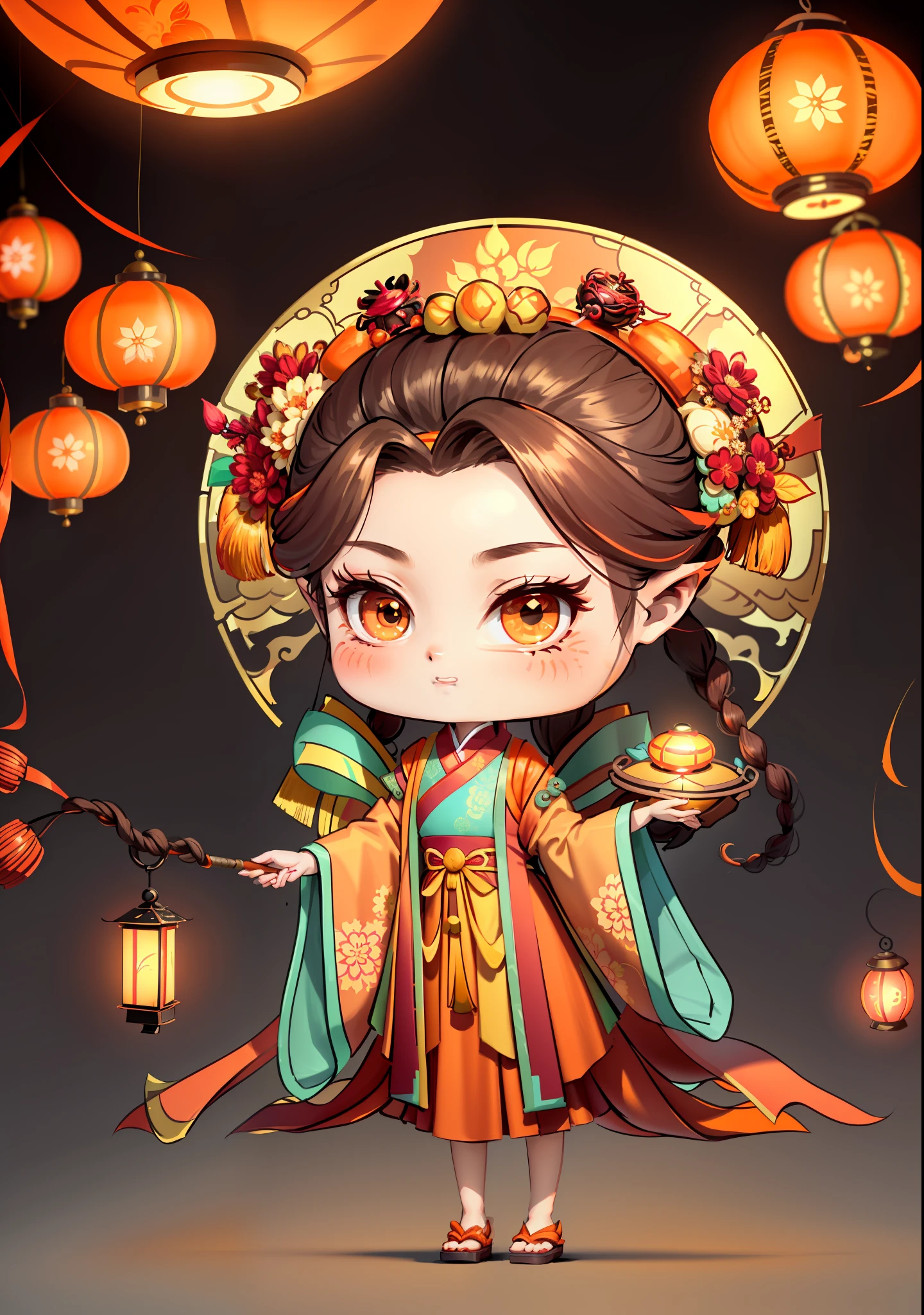 A Chinese girl in Hanfu, holding a lantern in one hand, dragging mooncakes with the other, autumn, Mid-Autumn Festival, mooncakes, dark brown hair, ancient Chinese hair bun, pattern, orange-red skirt, cyan-orange color matching, golden osmanthus flowers on both sides of the hair, some metallic flower headdresses, bright color blocks, bright colors, line art, infinite details, fine painting, exquisite portrayal, blank background 8k,
