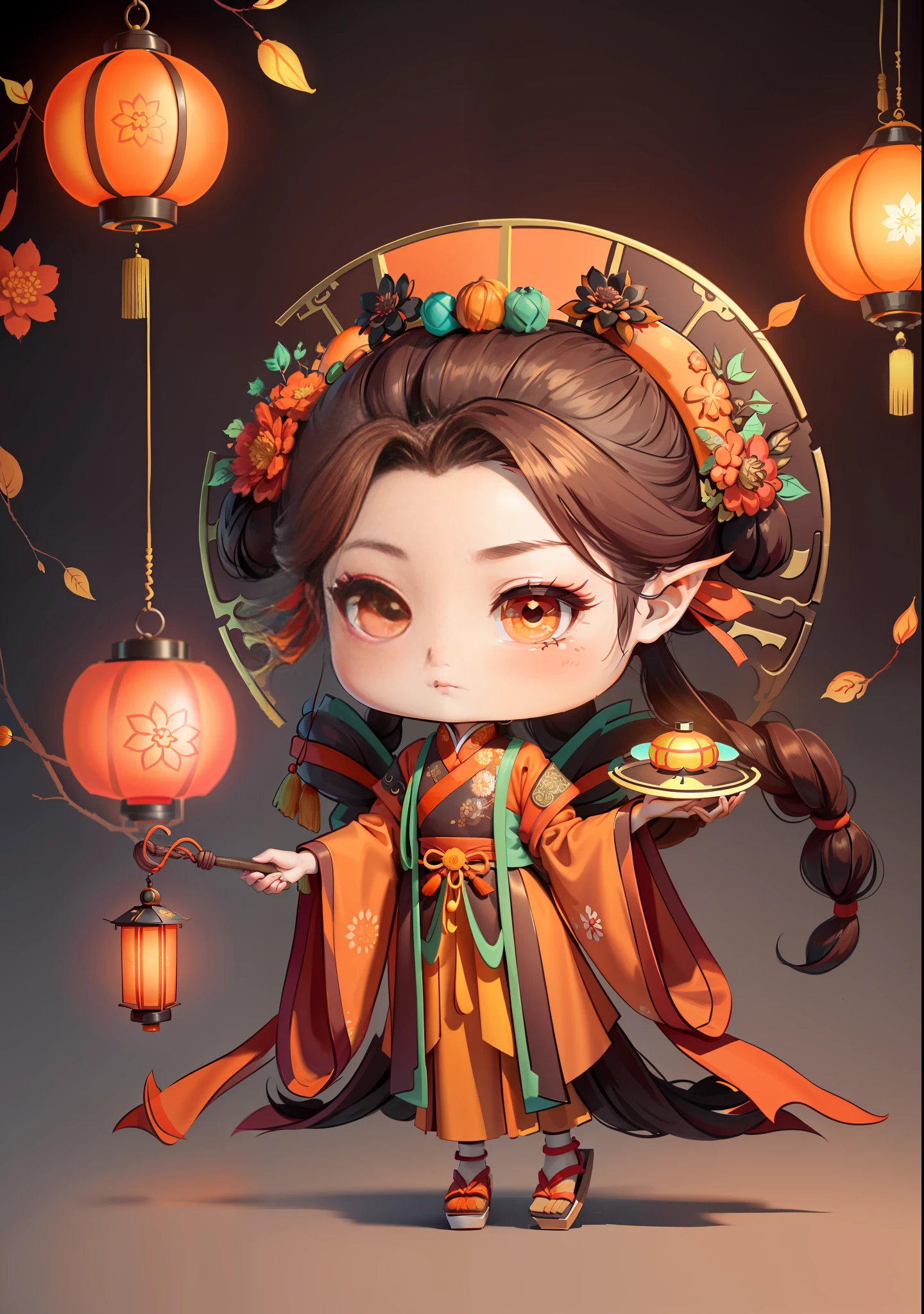 A Chinese girl in Hanfu, holding a lantern in one hand, dragging mooncakes with the other, autumn, Mid-Autumn Festival, mooncakes, dark brown hair, ancient Chinese hair bun, pattern, orange-red skirt, cyan-orange color matching, osmanthus flowers on both sides of the hair, some metal flower headdresses, bright color blocks, bright colors, line art, infinite details, fine painting, exquisite portrayal, blank background 8k,
