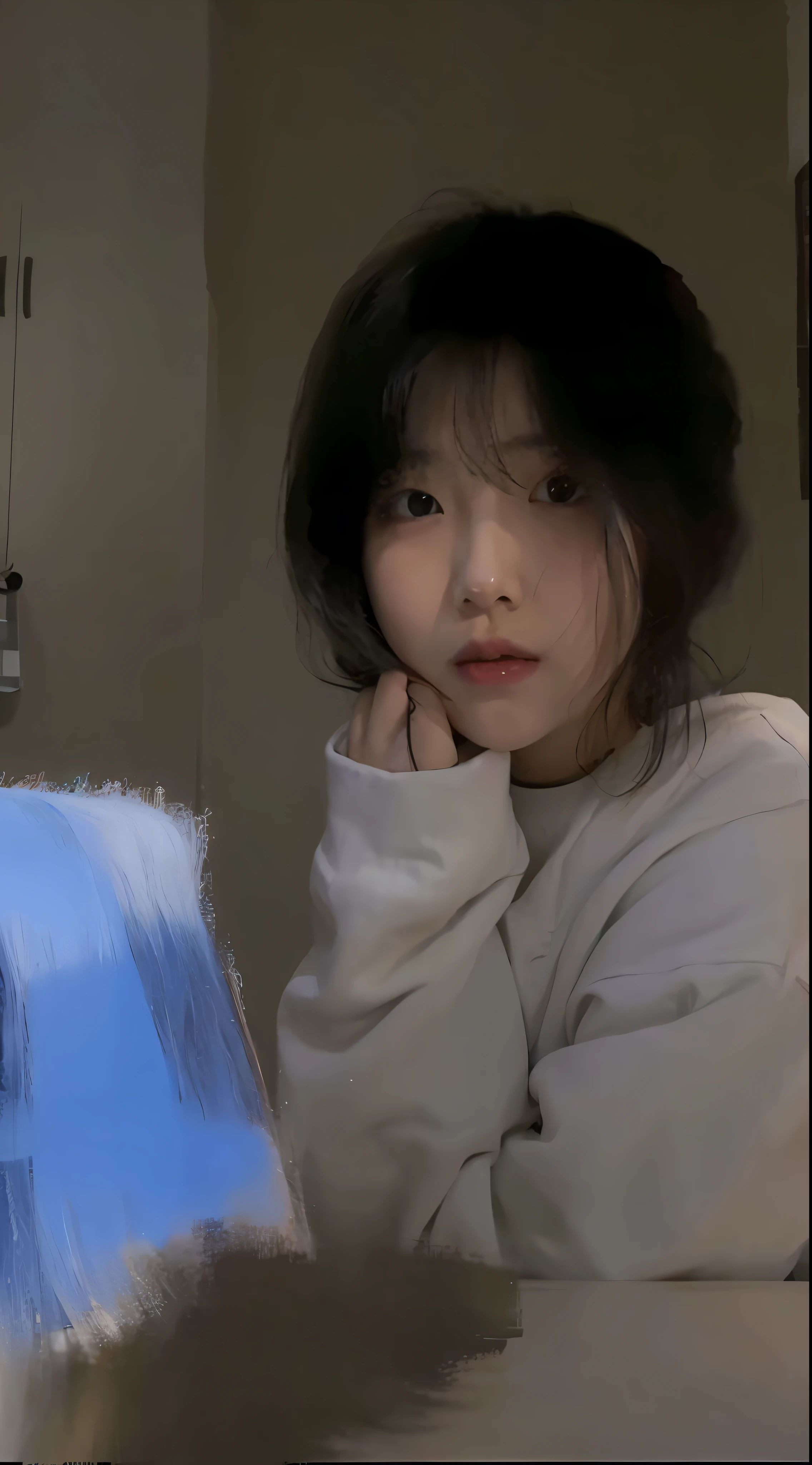 there is a woman sitting at a table with a laptop computer, jaeyeon nam, profile pic, lofi portrait at a window, jinyoung shin, heonhwa choe, ulzzang, iu, inspired by jeonseok lee, bae suzy, profile image, her hair is white, smol, lofi girl aesthetic, she has black hair with bangs