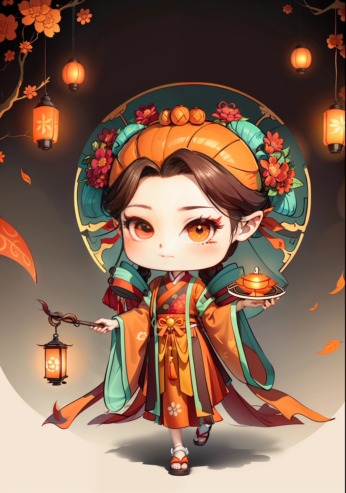 A Chinese girl in Hanfu, holding a lantern in one hand, dragging mooncakes with the other, autumn, Mid-Autumn Festival, mooncakes, dark brown hair, ancient Chinese hair bun, pattern, orange-red skirt, cyan-orange color matching, osmanthus flowers on both sides of the hair, some metal flower headdresses, bright color blocks, bright colors, line art, infinite details, fine painting, exquisite portrayal, blank background 8k,