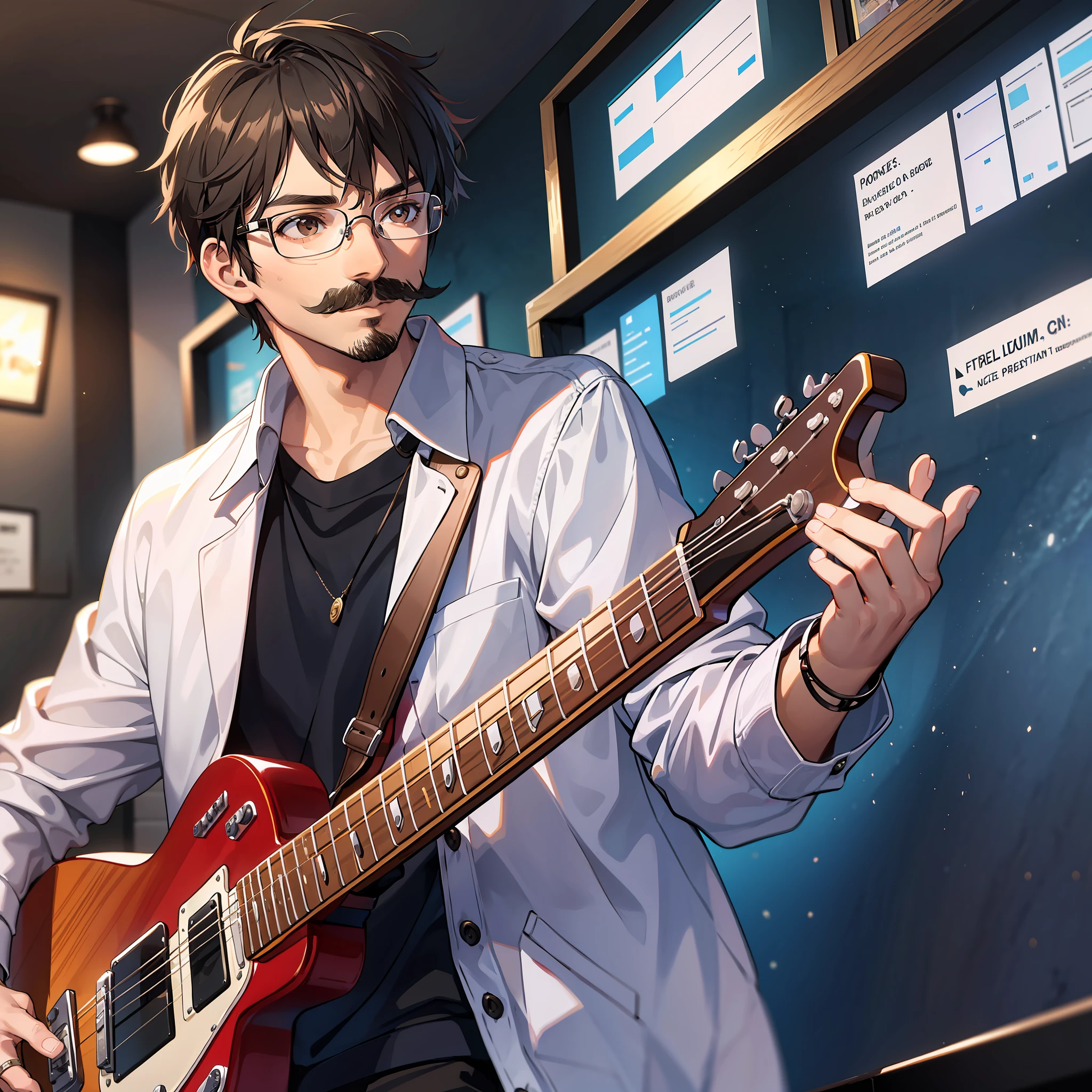 a young man, thin, brown skin, prescription glasses, dark hair, mustache, playing guitar