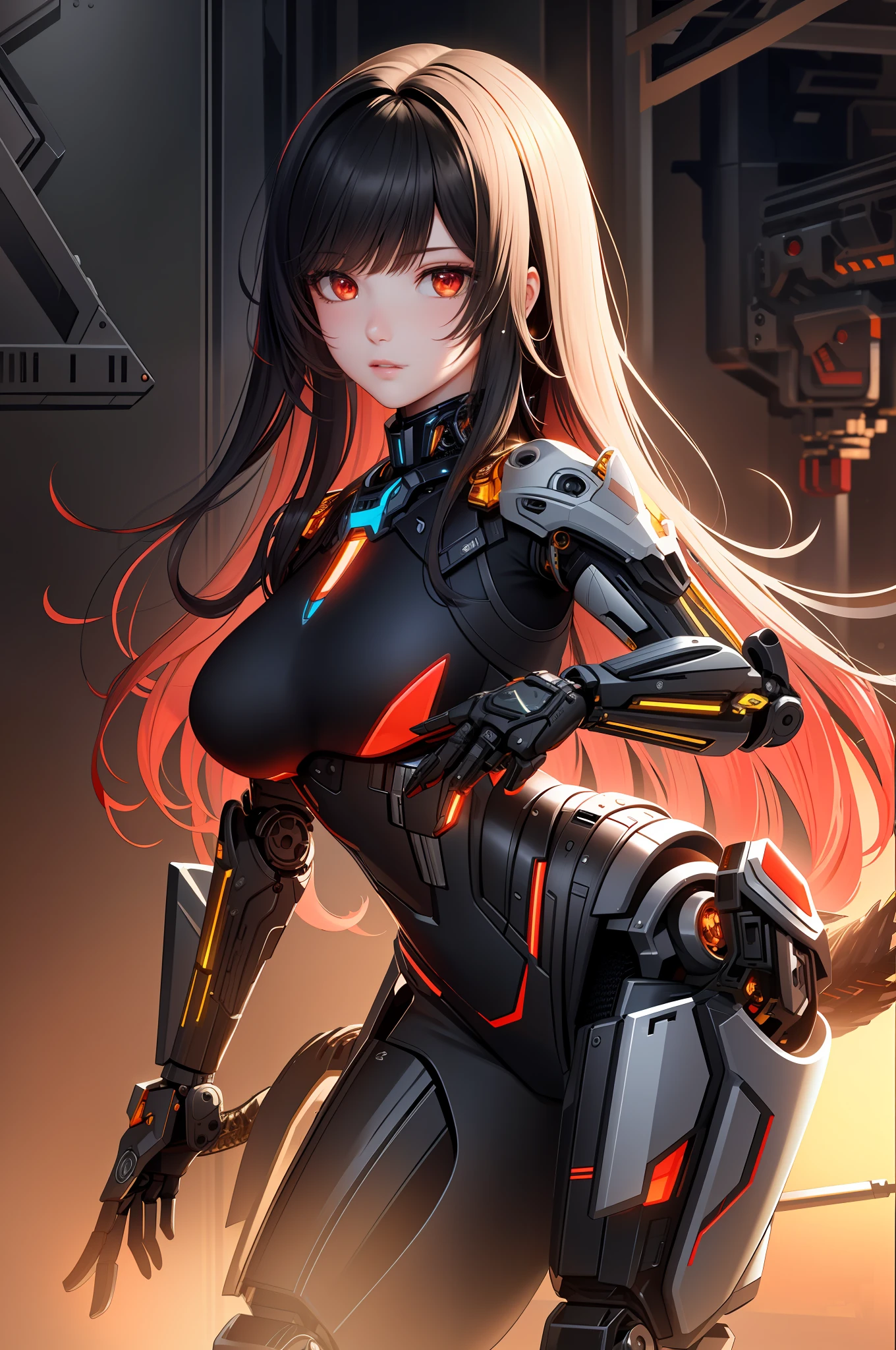 Fine, (Best Illustration), 8k Resolution, Intricate Detail, Best Quality, Realistic, Ultra Detailed, Best Lighting, Best Shadows, Ultra HD, (Bionic Mech), Scorpion Mech, Bishoujo Mech v6, long black hair,  red eyes,  large breasts