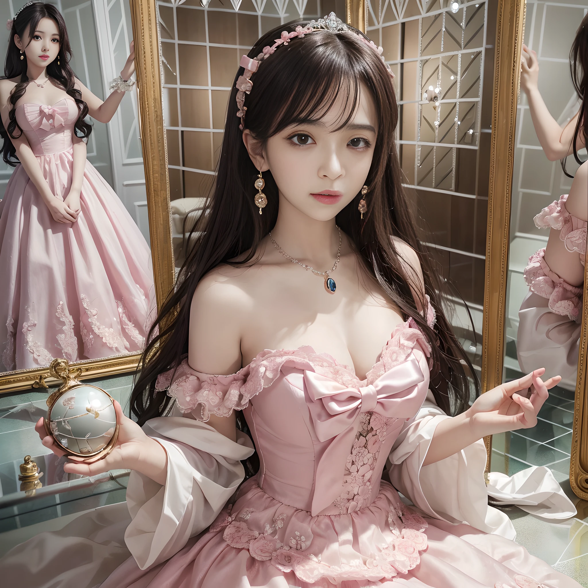 ((Realistic lighting, top quality, 8K, Masterpiece: 1.3)), Clear Focus: 1.2, 1Woman, Perfect Beauty: 1.4, Yushuxin, 1Girl, Dress, Solo, Brunette, Jewelry, Long Hair, Earrings, Bow, Pink Dress, Wood, Nature, Outdoor, Bare Shoulder, Airless Gainsboro, Long Dress, Hair Bow, Forest, Pink Bow,Strapless, Standing, Necklace, Head Tilt, Chapped Lips, Wavy Hair, Strapless Dress,Lace Sleeves, cetin dress,Close-up woman in pink dress posing for photo,beautiful maiden,beautiful korean woman, beautiful princess, cute elegant pose, bell delphine, wearing pink dress, beautiful fantasy maiden, anime princess, beautiful seductive anime woman,beautiful asian girl, attractive anime girl, elegant glamorous cosplay,(in the room of mirrors:1.8),(beautiful orb-articulated doll:1.3),luxurious princess dress,