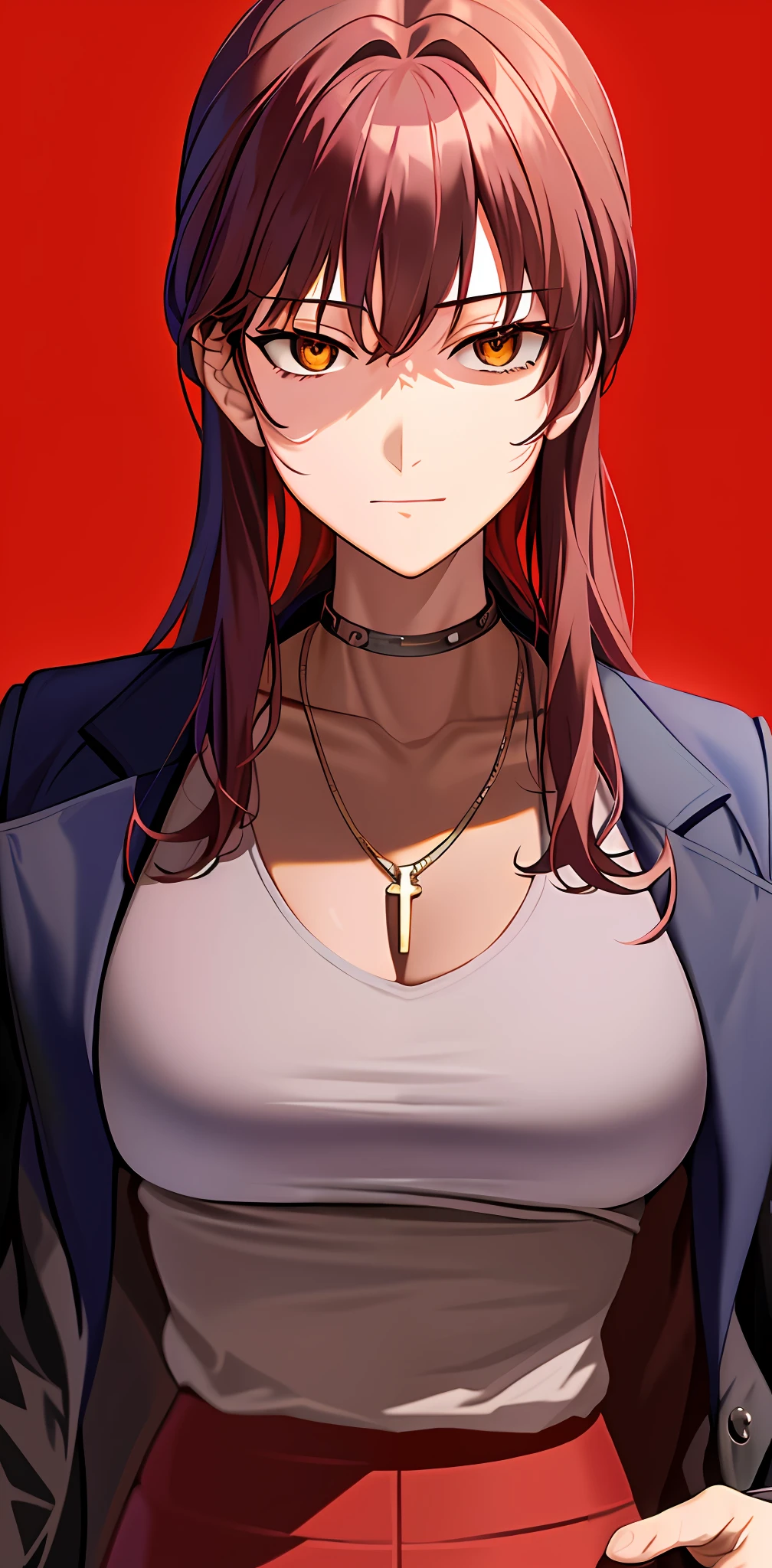 masterpiece, best quality,extremely_detailed_CG_unity_8k_wallpaper,extremely detailed_eyes,,evangelion: 3.0 you can \(not\) redo,1girl, solo,  Katsuragi_Misato, brown eyes,indigo hair,big_breasts, cross_necklace ,red jacket, mature female,aged up,upper body,