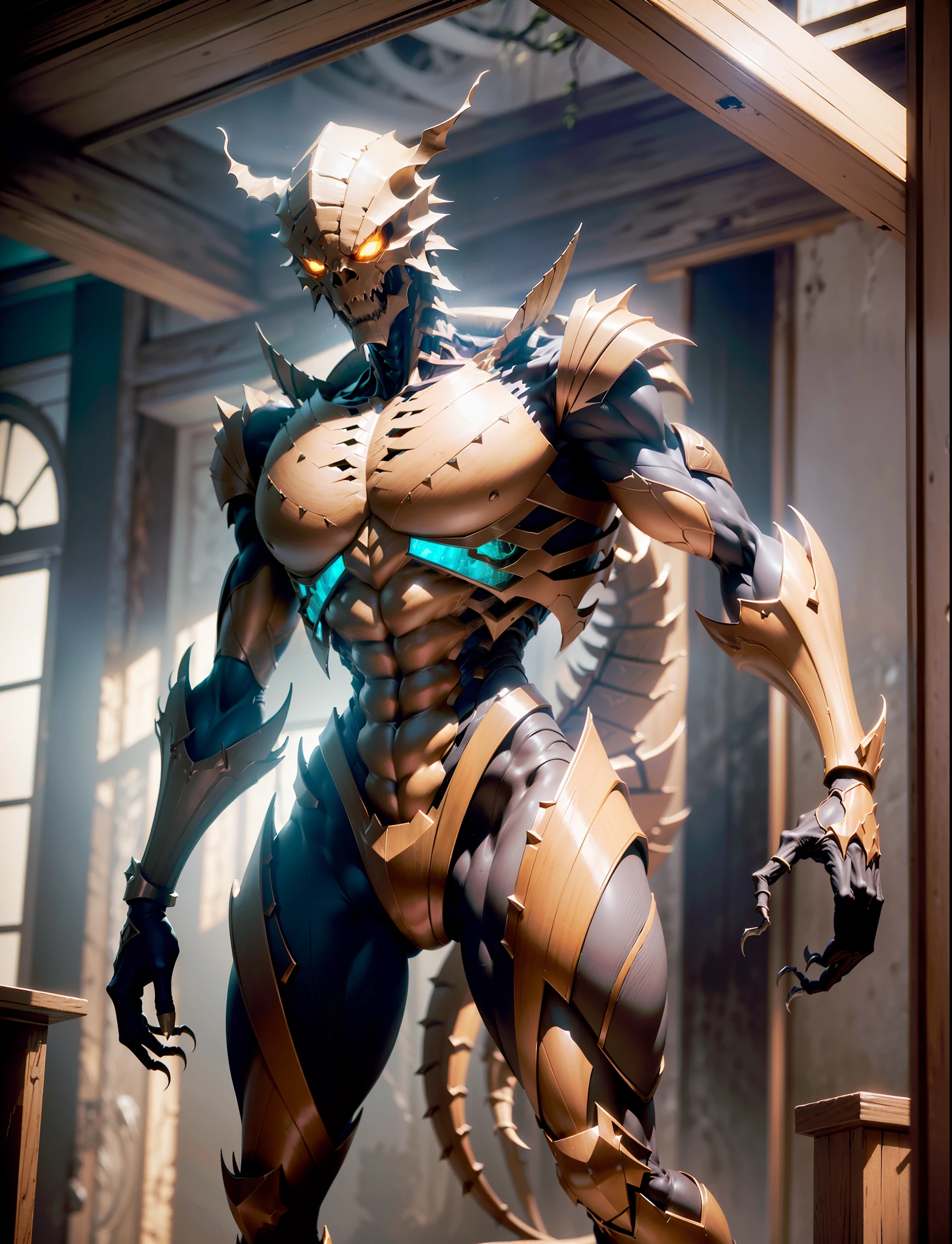 (highest image quality)), (masterpiece)), (Details: 1.4), 3D, Full body image, Image of a terrifying creature whose body is made up of trees and plants, a brown body color with plant ivy entangled in a wooden skeleton, male body, ((very skinny, with no muscles, only claws abnormally large and developed)), (holding whips in both hands)), (Mechanical heart housed inside the torso)), (( With sharp fangs on the head of flying locusts)), (((Flying Man )), HDR (High Dynamic Range), Ray Tracing, NVIDIA RTX, Super Resolution, Unreal 5, Subsurface Scattering, PBR Texturing, Post-Processing, Anisotropic Filtering, Depth of Field, Maximum Clarity and Sharpness, Multi-layered Textures, Albedo and Specular Maps, Surface Shading, Accurate Simulation of Light Material Interactions, ((Slender Body with Human Height)), (Full Body)), Sharp Focus, Two-Tone Lighting, Wide Aperture, Low ISO, White Balance, Third Rule, 8K RAW, Circuit Board AI, 4k, ((Cyber Lab Background))