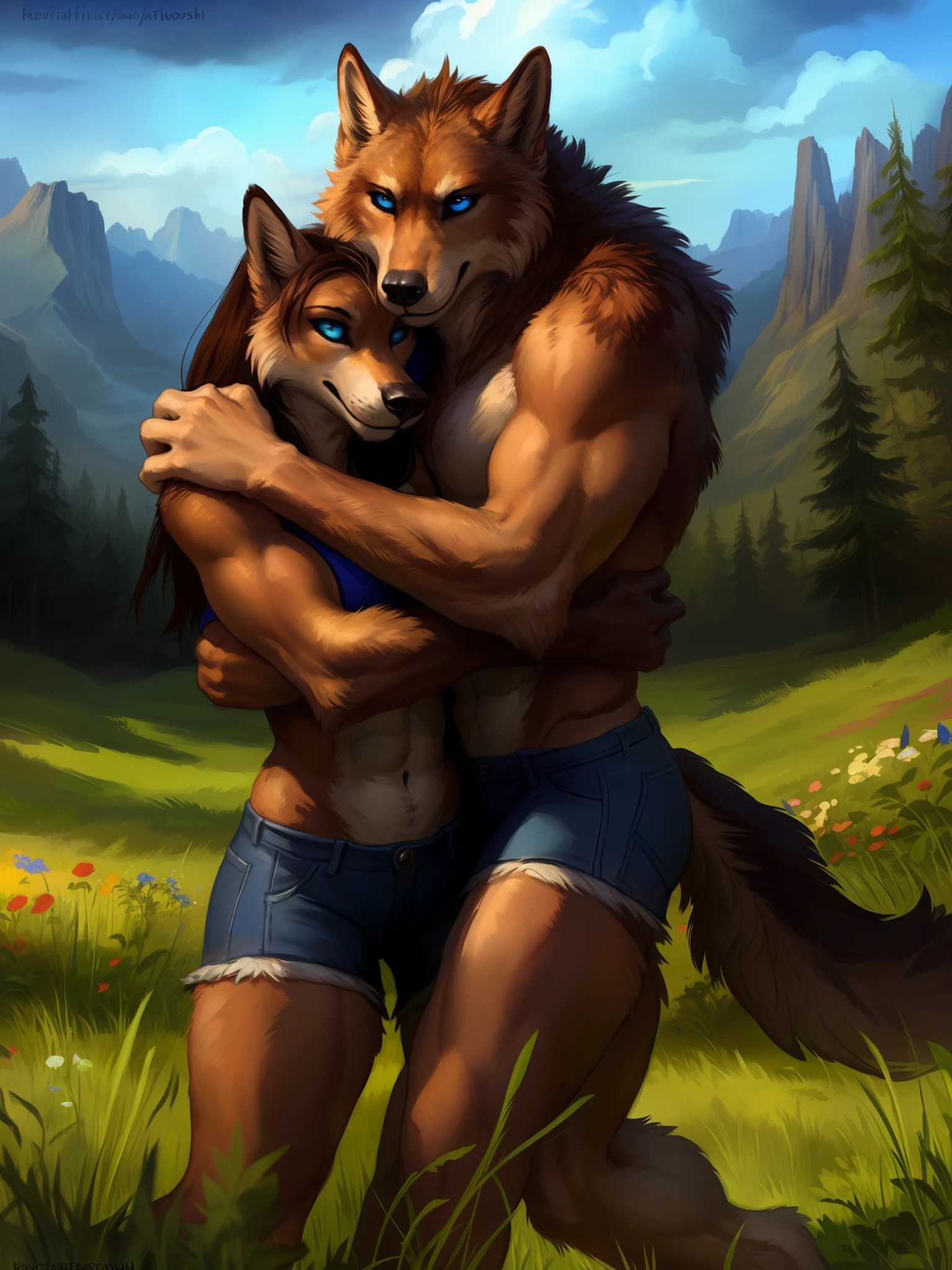 a beautiful and detailed full size portrait of a duo characters, female anthro wild werewolf and male anthro wild werewolf lies together on the grass and hugging, straight, heterosexual, no clothing, attractive muscular athletic bodies, kenket, Bonifasko, Ross Tran,ruan jia, trending on artstation,foxovh, cenematic lighting
Forest, mountains, clouds, distant river, blue eyes