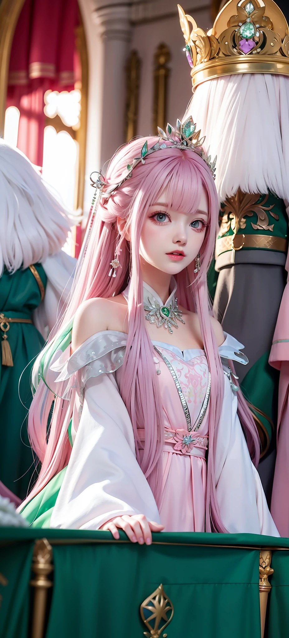 Long pink hair, green eyes, princess, silver crown, pink-purple robe, white long dress,