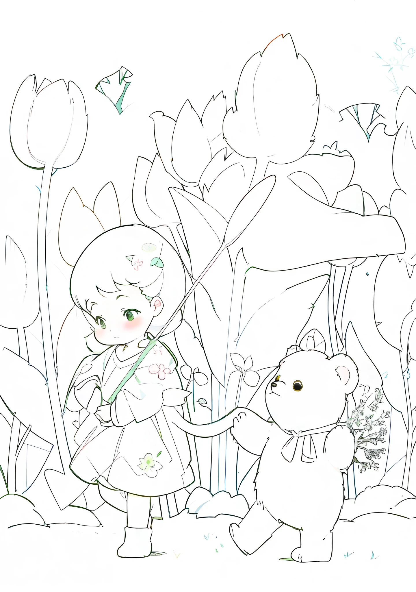 (Coloring book outline, clean and meticulous coloring, children's book drawing style) Little girl and brown bear walk through the blooming garden, colorful, shady trees, sometimes green, sometimes flowers, dynamic scenery.