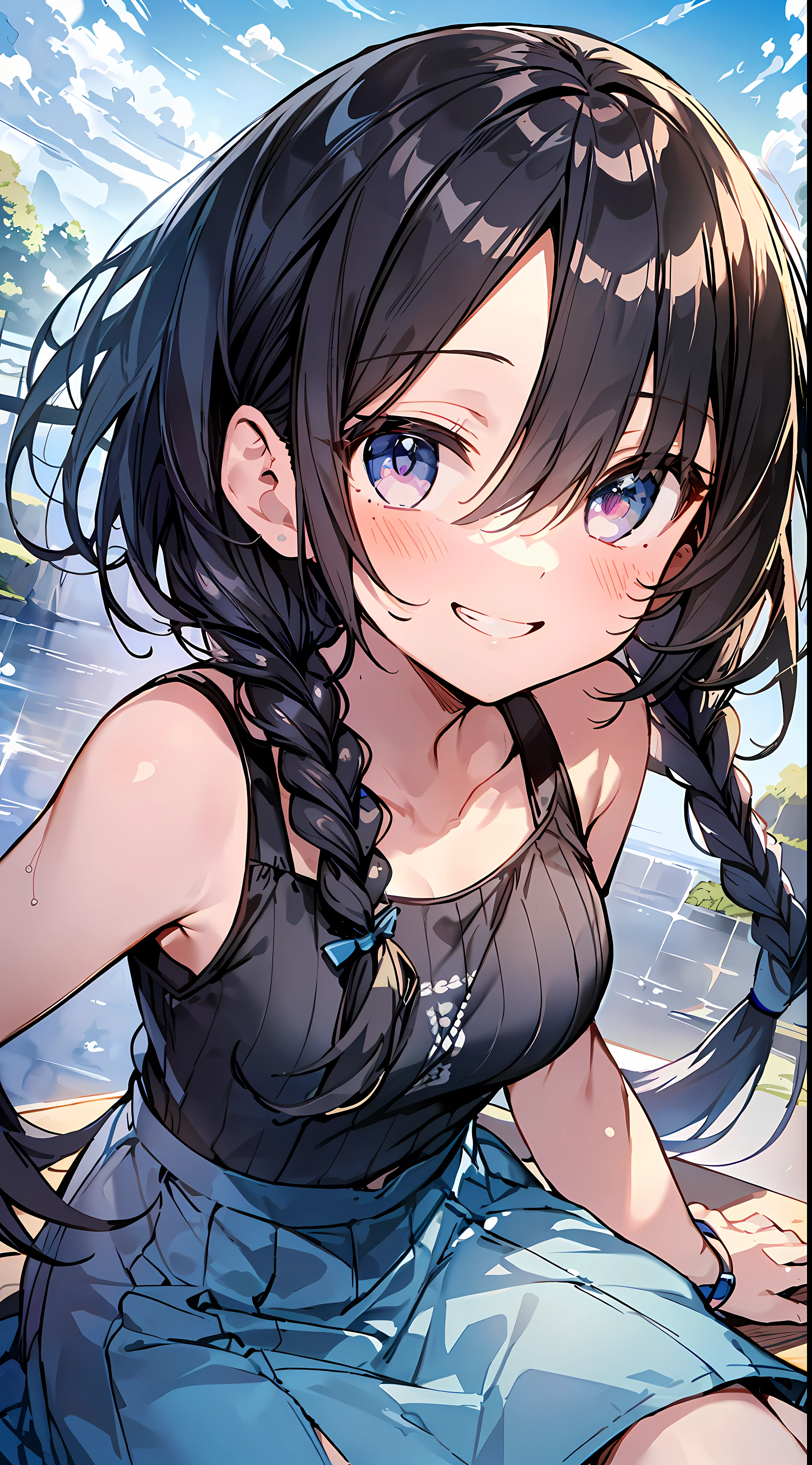 Top quality, masterpiece, ultra high definition, 8k, summer sky, early summer, (light blue maxi skirt, flesh-colored thin knit, sneakers), shojo manga style loli, one, soft line drawing, digital enhancement, shojo manga touch, shojo manga core, flowing fabric, close-up, (hair length to shoulders and short braids)), wet hair, staring at us from the front, soft drawing, Beautiful black hair, clear eyes, ((teasing smile)), ultra-detailed digital anime art, clear face depiction, ultra-detailed shojo manga character art, ultra-detailed manga style, top quality colors, hand gestures, landscape with nature, looking up at the sky, angle that can see up to your feet