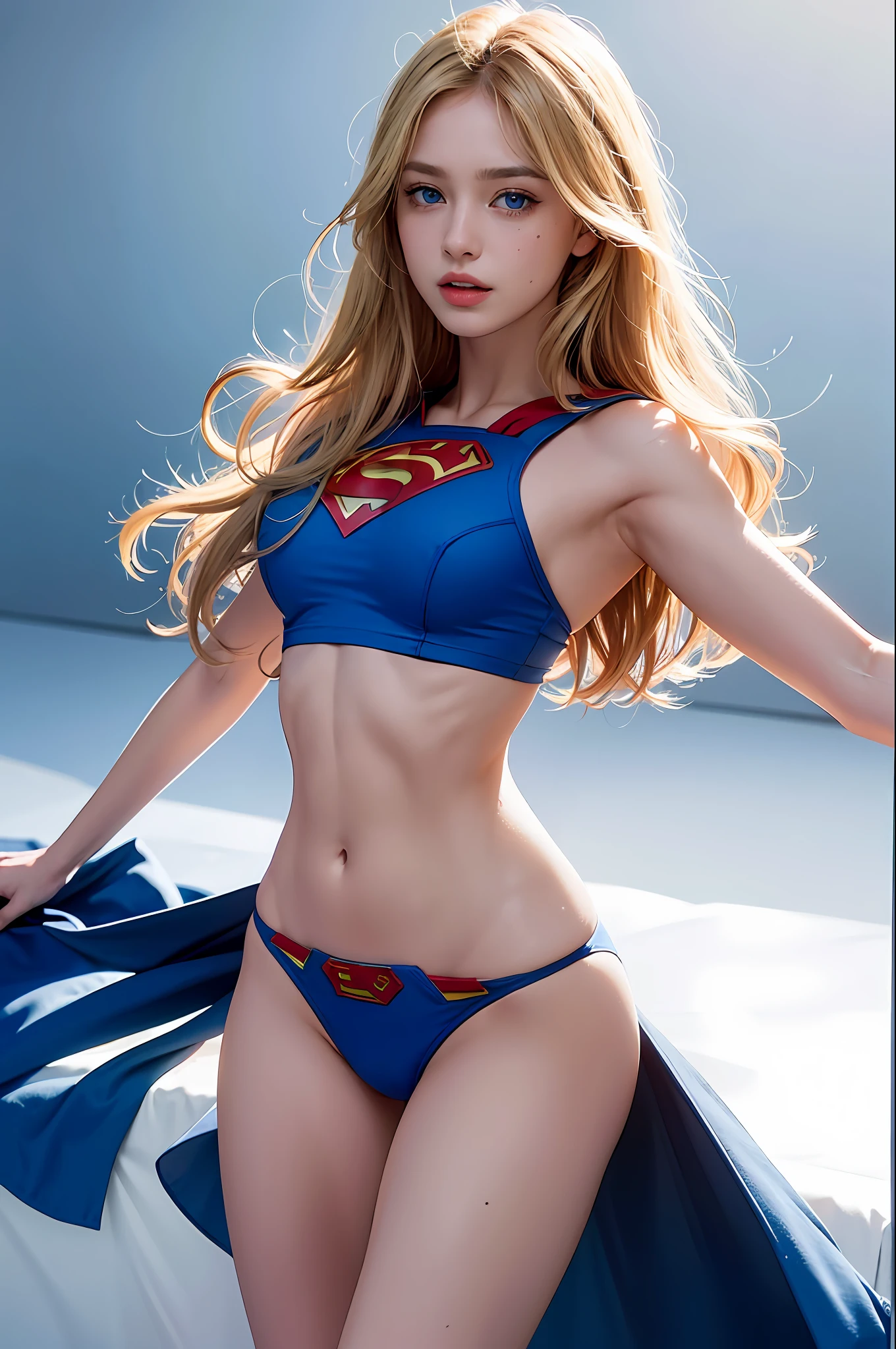 (hyperrealistic), (illustration), (high resolution), (8K), (extremely detailed), (best illustration), (beautiful detailed blue eyes), (best quality), (super detailed), (masterpiece), (wallpaper), (detailed face), solo, 1 Supergirl, wavy blonde hair, heterochromic eyes, small moles under the eyes, loose white shirt, micro bikini, see through dental floss, large breasts, long legs, tight abs, camel's fingers, dynamic pose,  wearing superman S symbol on panties, sexy wet body, rear views