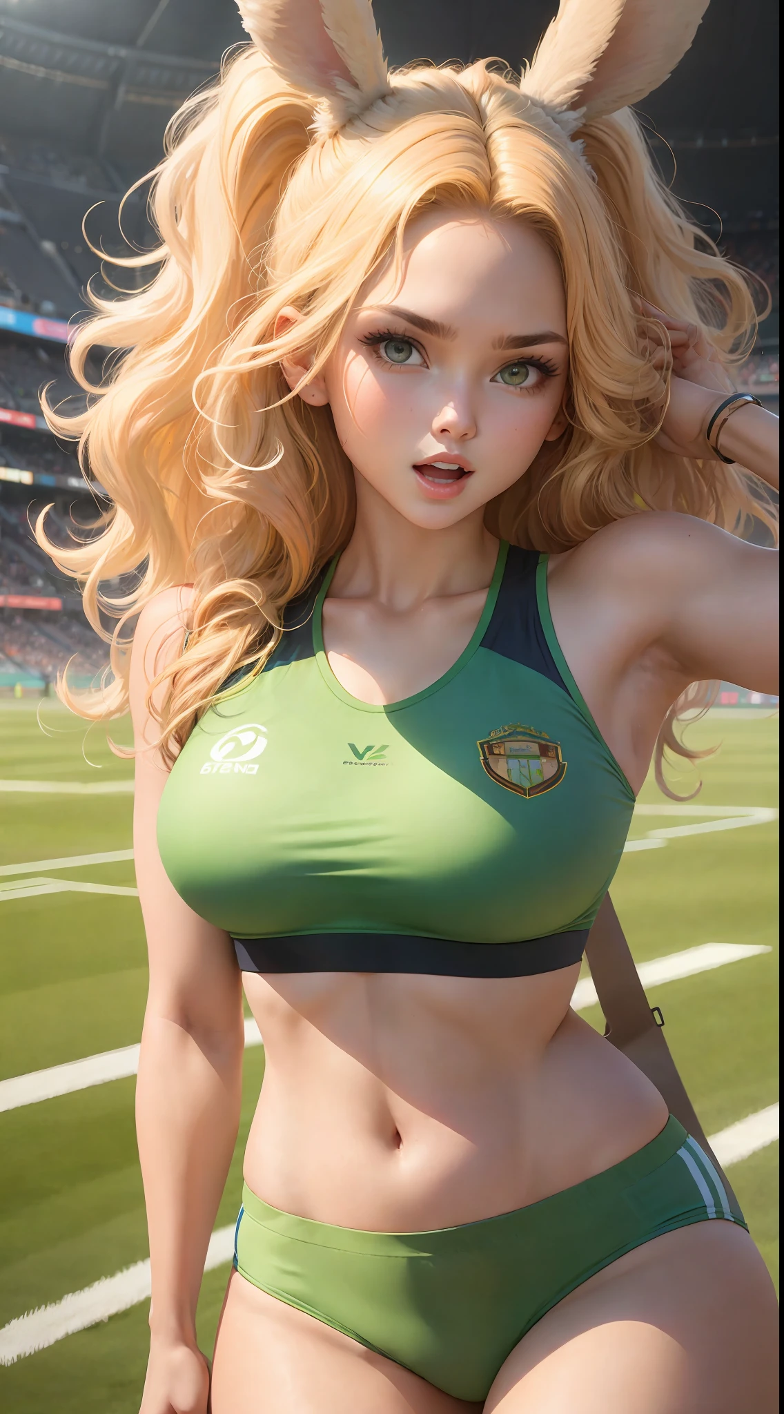 viera, beautiful woman, sports attire, wavy hair, beautiful face, alluring, perfect face, big gorgeous eyes, open mouth, perfect slim fit body, stadium interior, bright colors