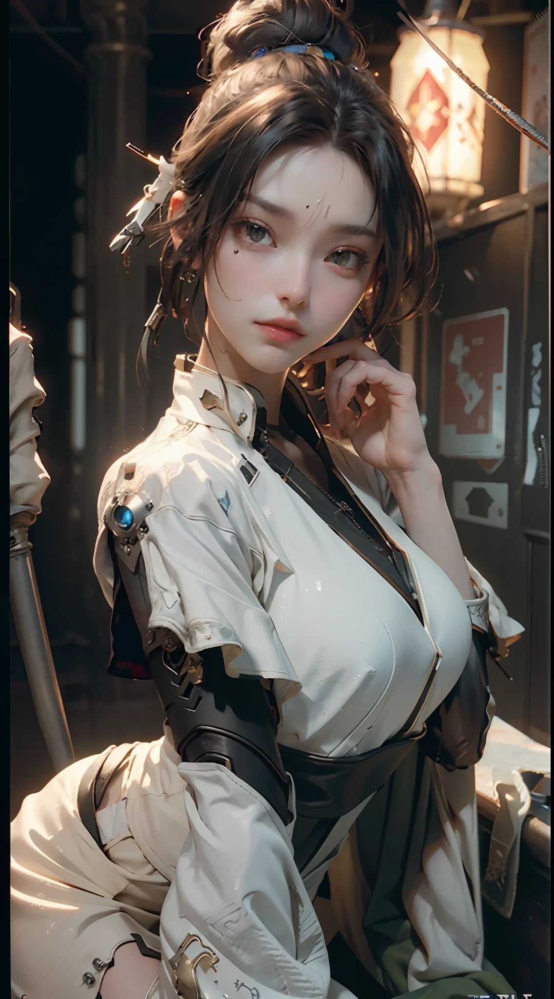 ((Best quality)), ((masterpiece)), (detailed:1.4), 3D, an image of a beautiful cyberpunk female,HDR (High Dynamic Range),Ray Tracing,NVIDIA RTX,Super-Resolution,Unreal 5,Subsurface scattering,PBR Texturing,Post-processing,Anisotropic Filtering,Depth-of-field,Maximum clarity and sharpness,Multi-layered textures,Albedo and Specular maps,Surface shading,Accurate simulation of light-material interaction,Perfect proportions,Octane Render,Two-tone lighting,Wide aperture,Low ISO,White balance,Rule of thirds,8K RAW,