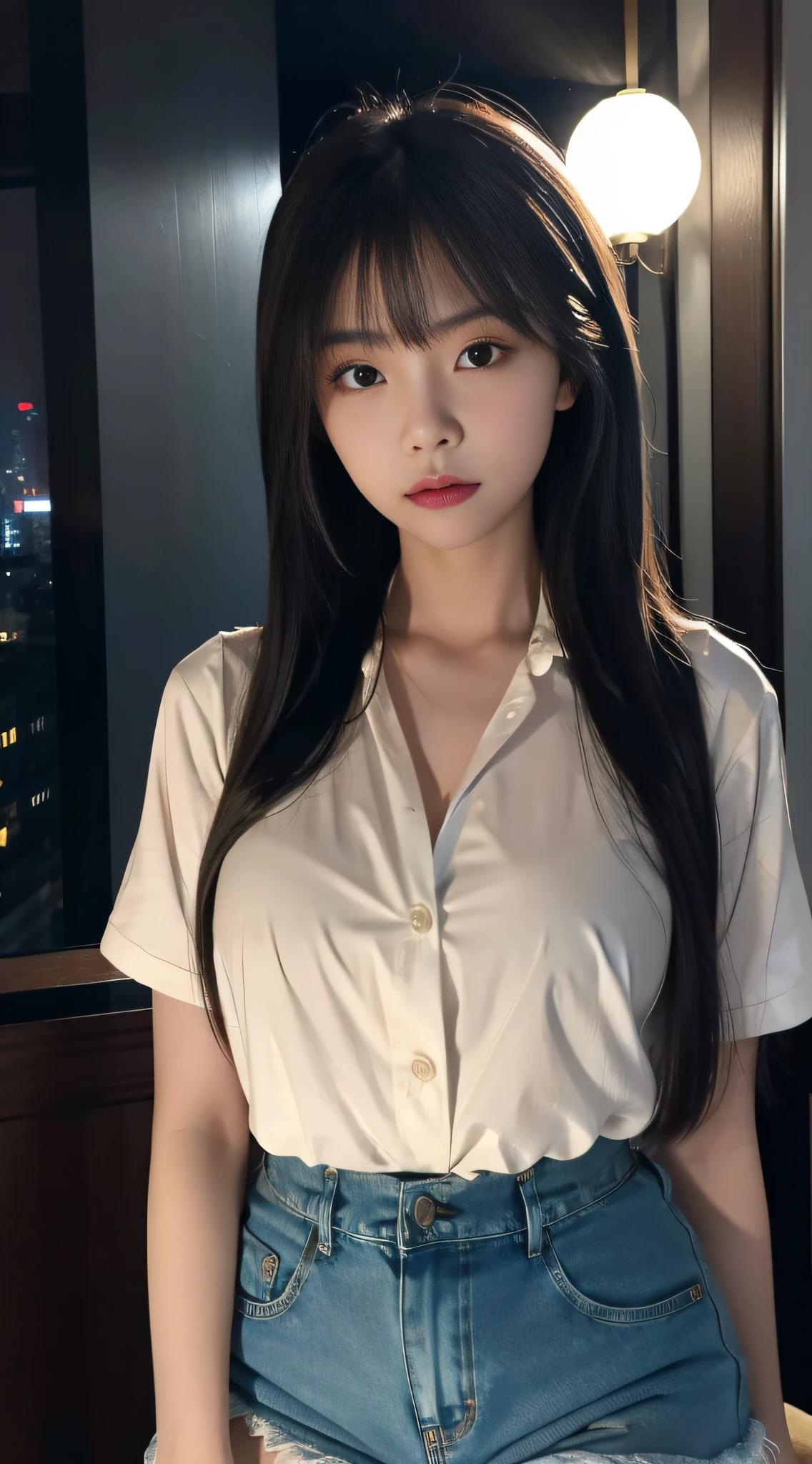 A Chinese woman on the rooftop of a tall building at night, with fluffy hair, delicate face, bright, real girl, large aperture, slender, wearing denim shorts, button-down shirt, tight shirt, close-up shot, plump, slightly fat,