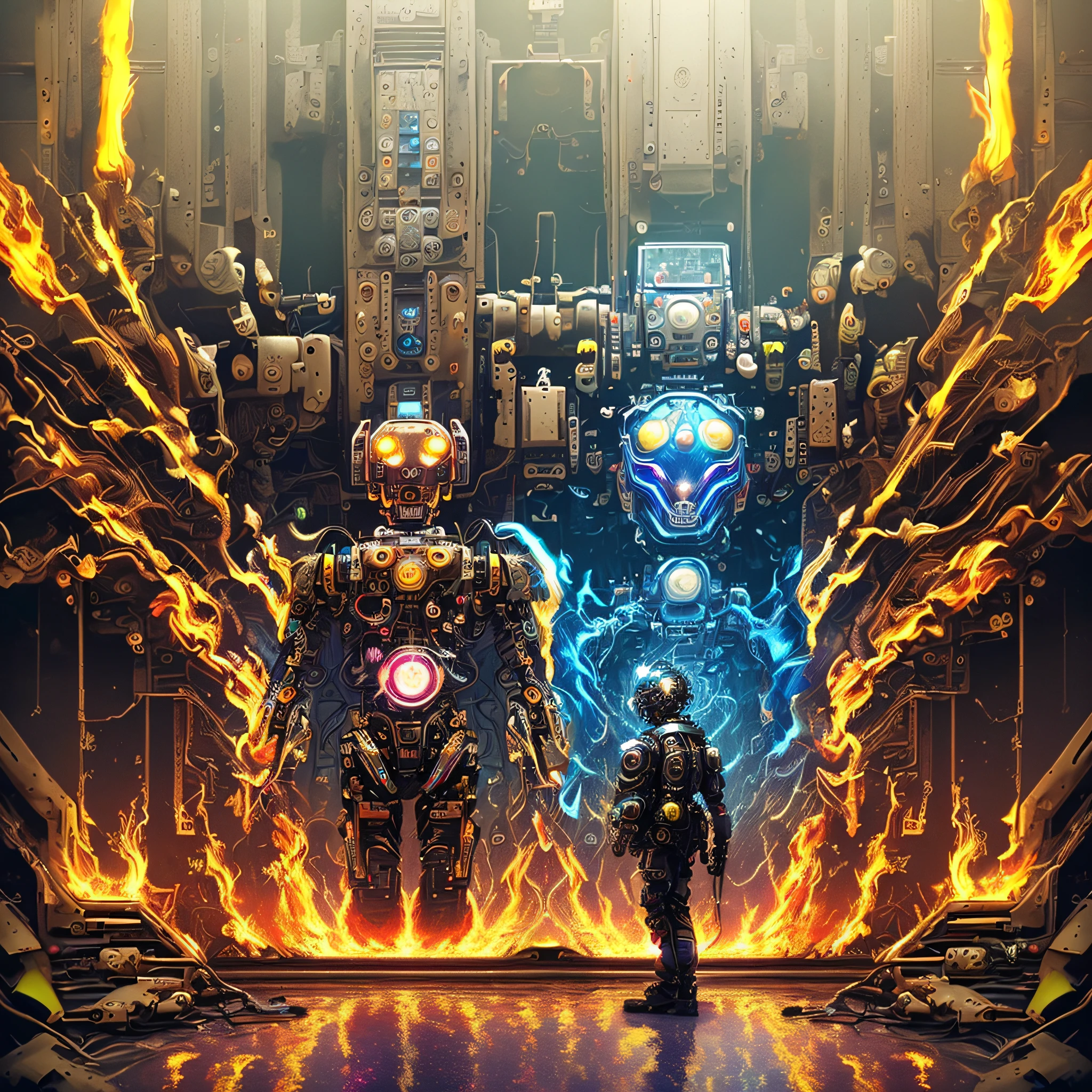 (masterpiece, best quality, highres, absurdres, detailed:1.2), humanoid, robot, wearing headphones, painting, looking away, (cyberpunk, art canvas, paint brush, iridescent, holographic: 1.6), (cables, wires, flames, fire, smoke, overheat, explosion, fired everywhere, indoors, room, electrical circuit room fired on mars background)