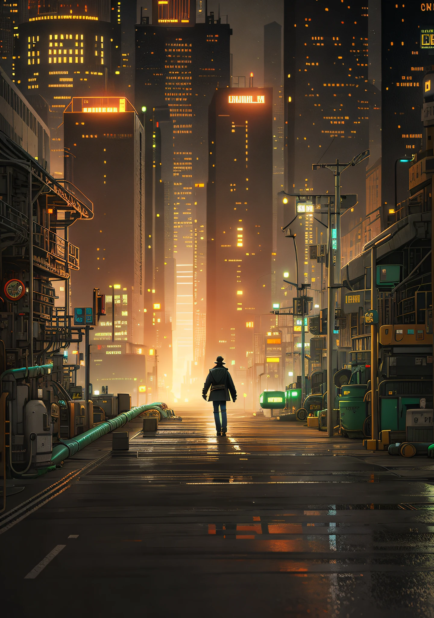 Perfect picture quality, rich details, cinematic light and shadow, 8k, pipeline, gas pipeline, factory, intricate pipes on both sides of the picture, there is a man walking the streets of the city at night, stylized urban fantasy artwork, brightly lit modern city, city night skyline, dystopian digital concept art, dramatic lighting. Concept art inspired by Liam Wong, Makoto Shinkai. Octane rendering