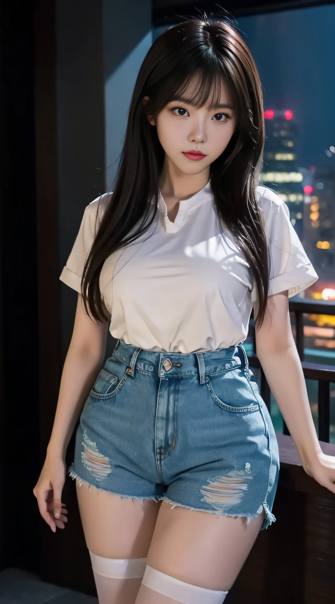 A Chinese woman on the rooftop of a tall building at night, fluffy hair, delicate face, bright, real girl, large aperture, slender, wearing denim shorts, black stockings, Western-style shirt, tight shirt, close-up shot, plump, slightly fat,