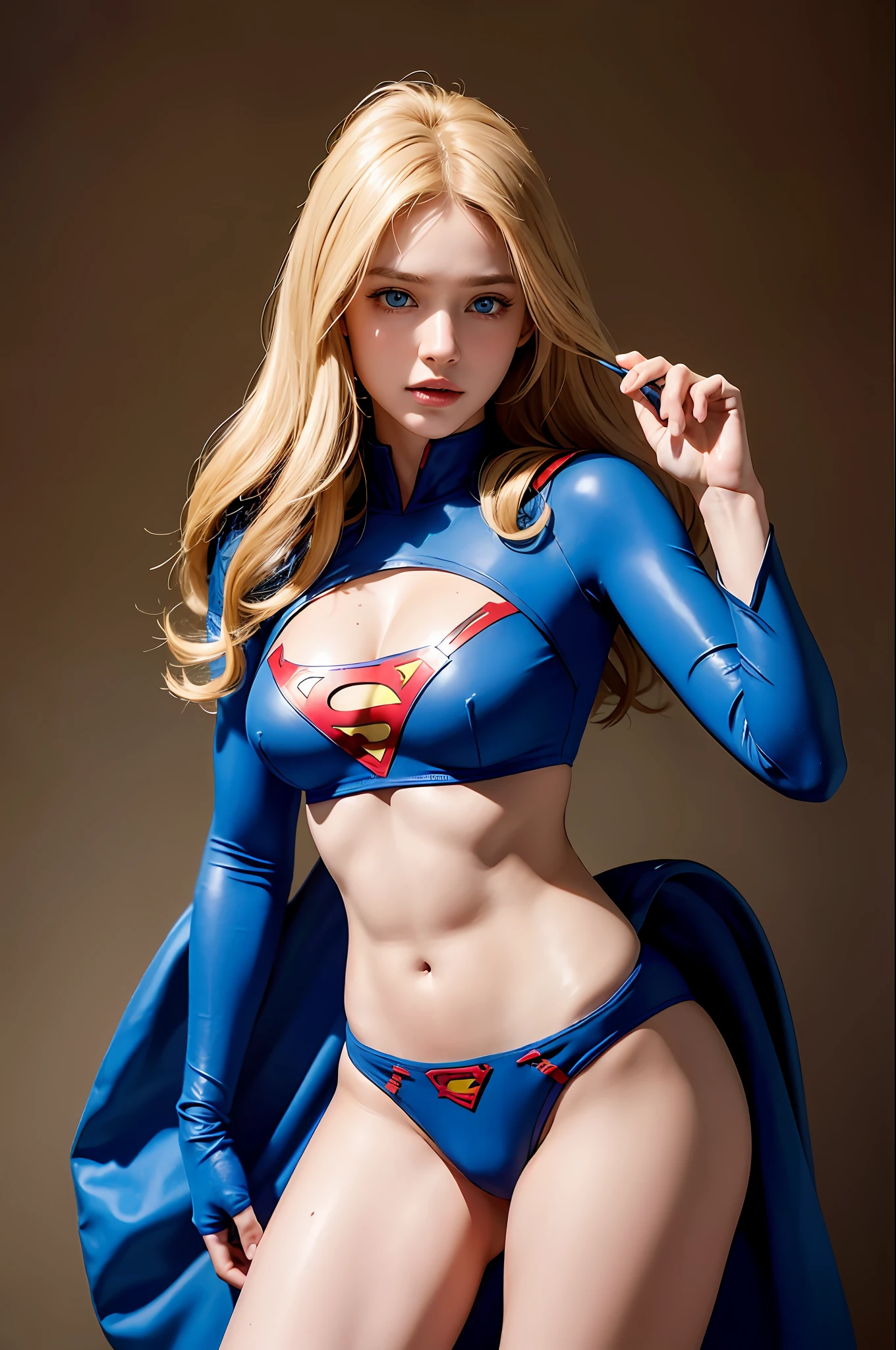 (hyperrealistic), (illustration), (high resolution), (8K), (extremely detailed), (best illustration), (beautiful detailed blue eyes), (best quality), (super detailed), (masterpiece), (wallpaper), (detailed face), solo, 1 Supergirl, wavy blonde hair, heterochromic eyes, small moles under the eyes, loose white shirt, micro bikini, see through dental floss, large breasts, long legs, tight abs, camel's fingers, dynamic pose, wearing superman S symbol on panties, sexy wet body, rear views