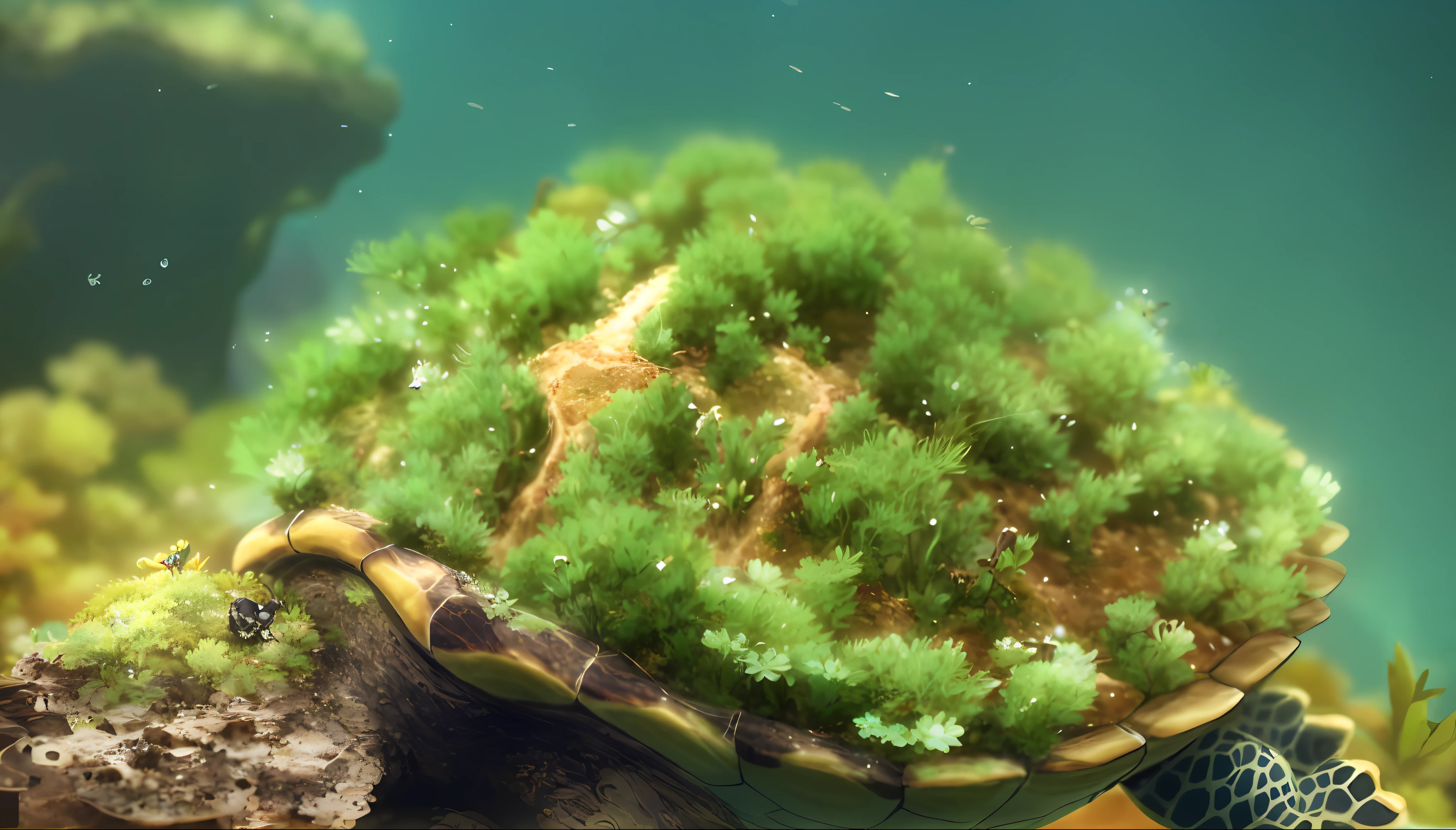 there is a turtle that is sitting on a rock with a plant on its back, closeup cinematic aquatic scene, world-bearing turtle, super detailed image, as an anthropomorphic turtle, great leviathan turtle, turtle, aquatic plants, aged turtle, closeup portrait shot, really close - up shot, closeup 4k, turtle shell, smooth carapace, underwater plants