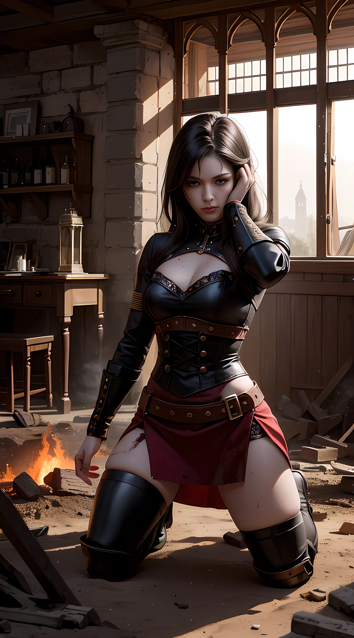 Woman fighting to exhaustion kneeling on battlefield full of ruins, in a room full of firelight, face full of unyielding expression, covered in blood, realistic fantasy rendering, ultra-realistic 8k octane photo, cool tone, realistic, full body photo