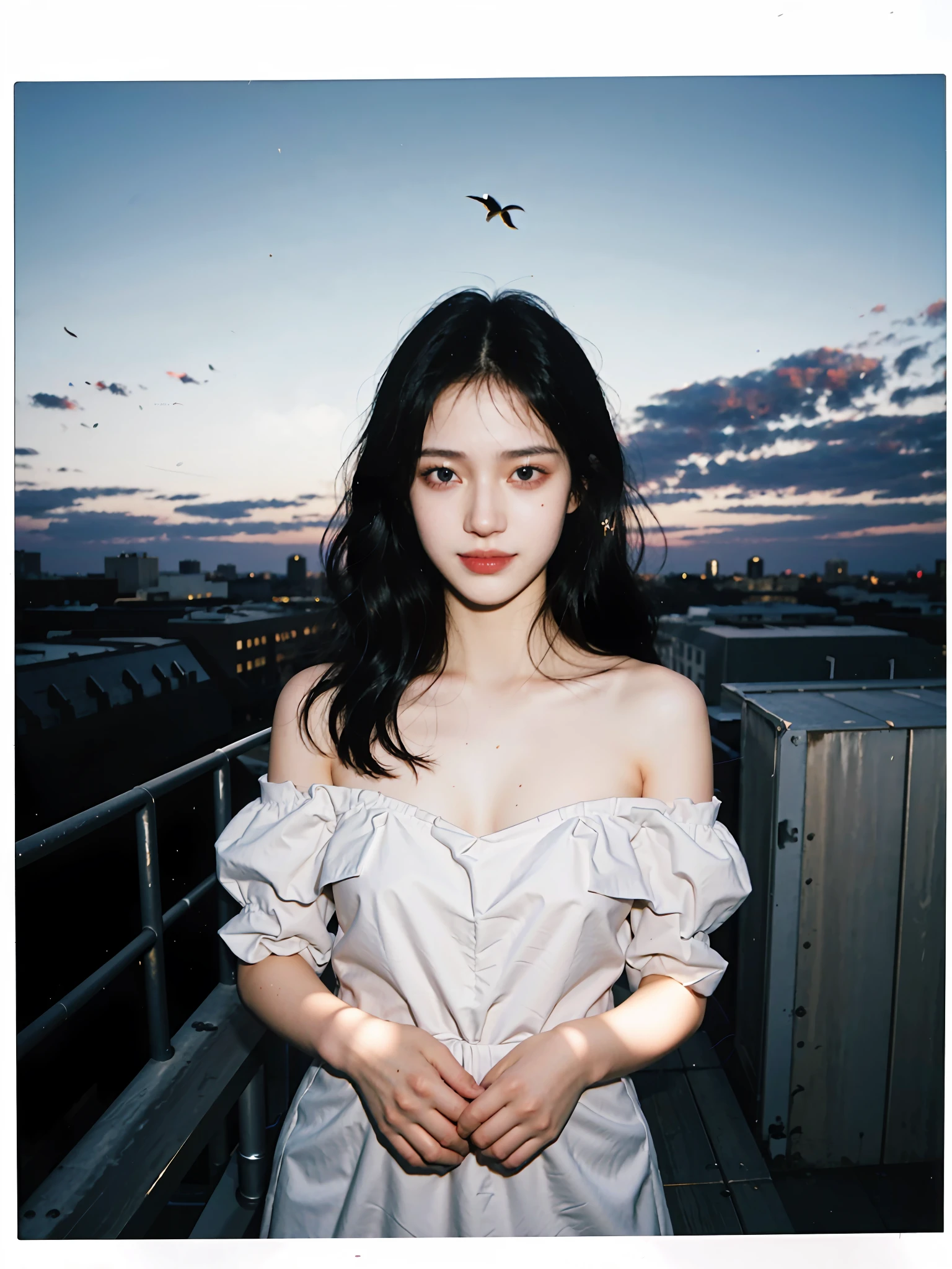 Best quality, masterpiece, ultra high res, raw photo, beautiful and aesthetic,deep shadow, dark theme,(photorealistic:1.4), (1girl, small face, smile, off shoulders), slim body, fit, cowboyshot, ((film grain):1.2, (35mm film)), outdoors, (rooftop),