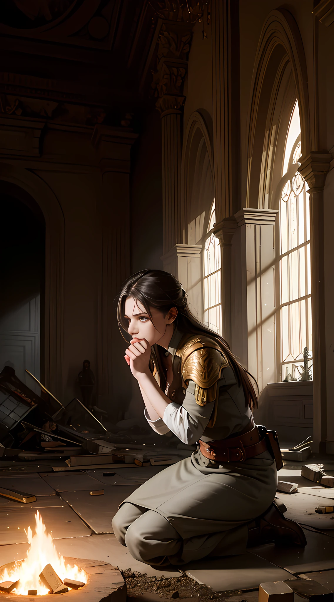 Woman fighting to exhaustion kneeling on battlefield full of ruins, in a room full of firelight, face full of unyielding expression, covered in blood, realistic fantasy rendering, ultra-realistic 8k octane photo, cool tone, realistic, full body photo